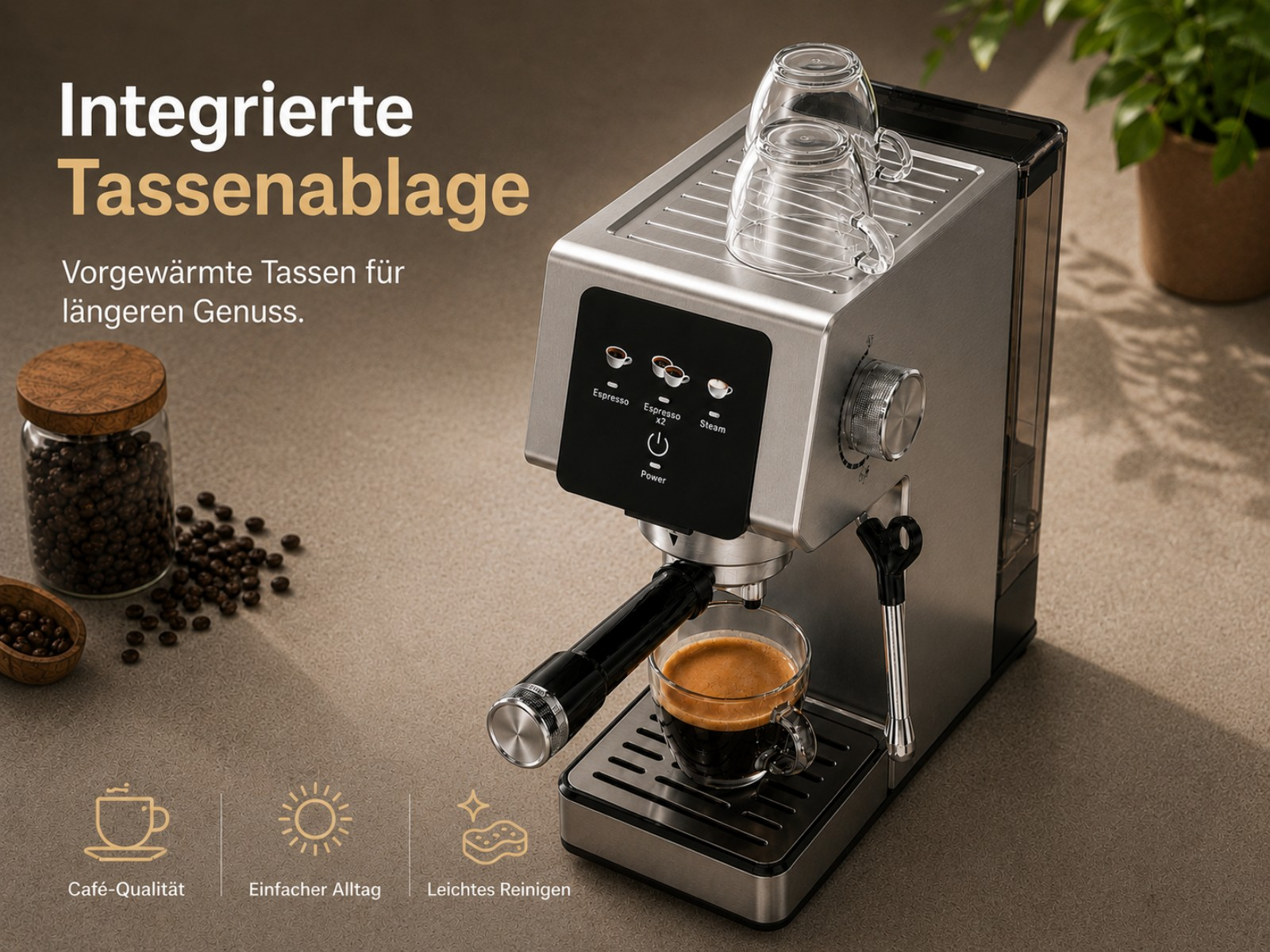 Silberne Espressomaschine mit Gläsern, Bohnen und Tasse Kaffee.