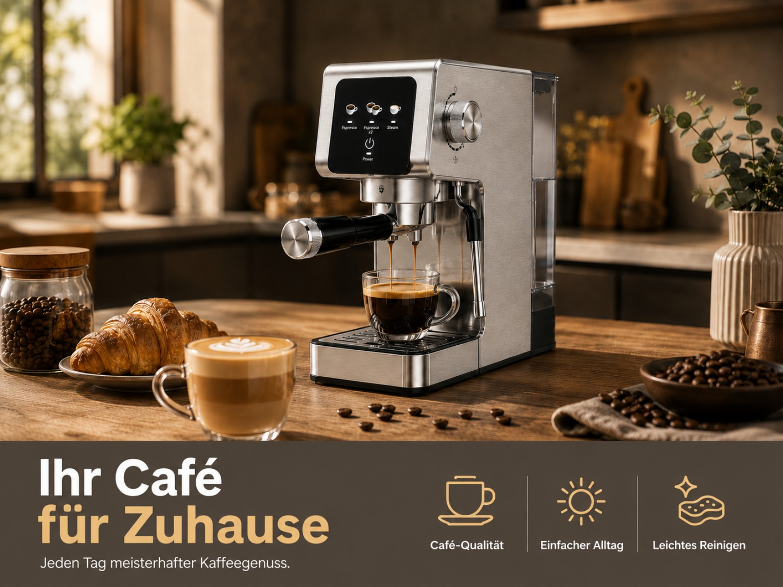 Silberne Kaffeemaschine brüht Espresso in eine Glas Tasse, daneben Croissants.