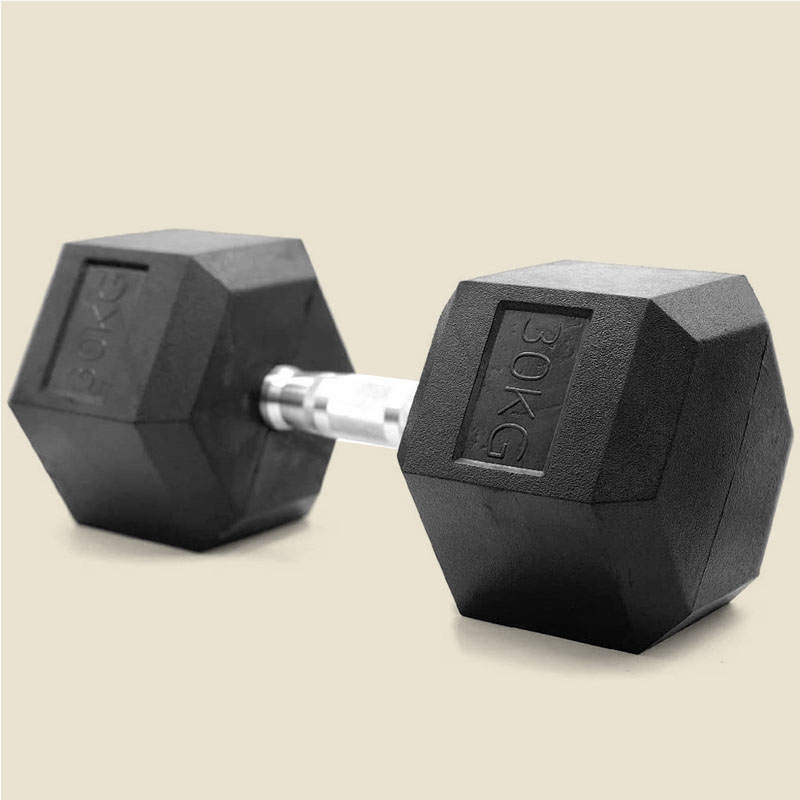 Mancuerna negra de 30 kg con agarre plateado sobre fondo claro.