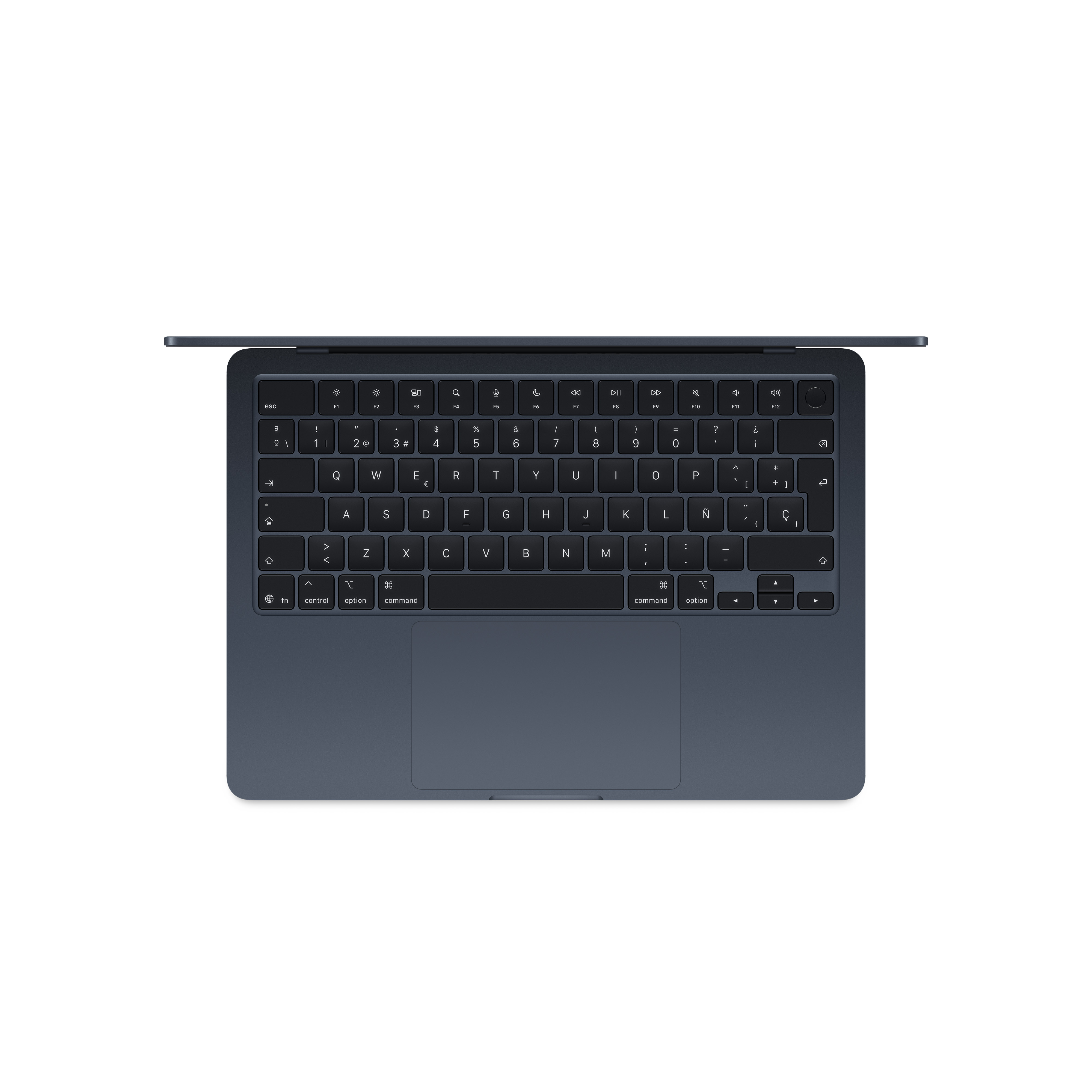 MacBook gris oscuro con tapa abierta, mostrando teclado y trackpad.