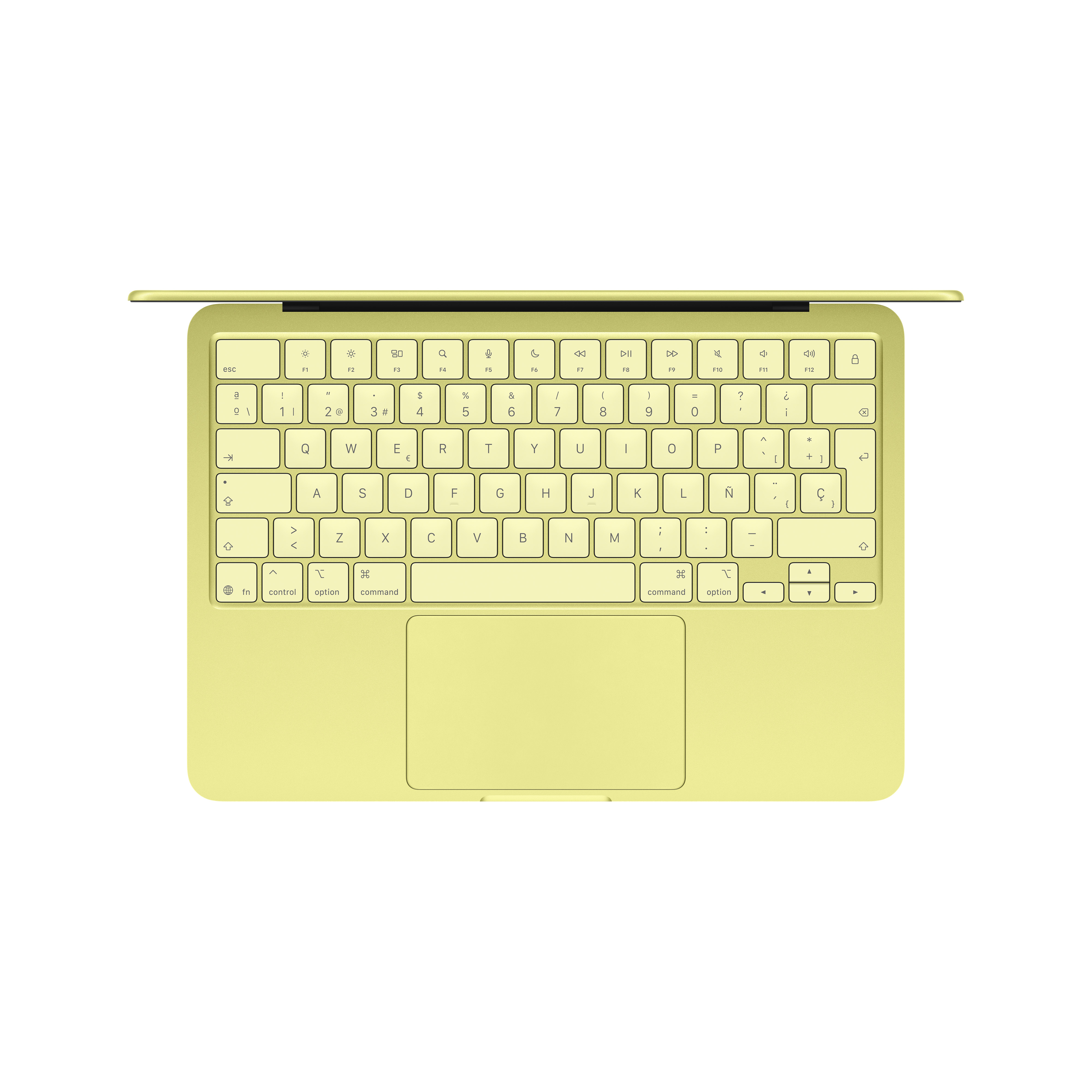 Un Apple MacBook Air amarillo claro visto desde arriba. La pantalla está ligeramente abierta.