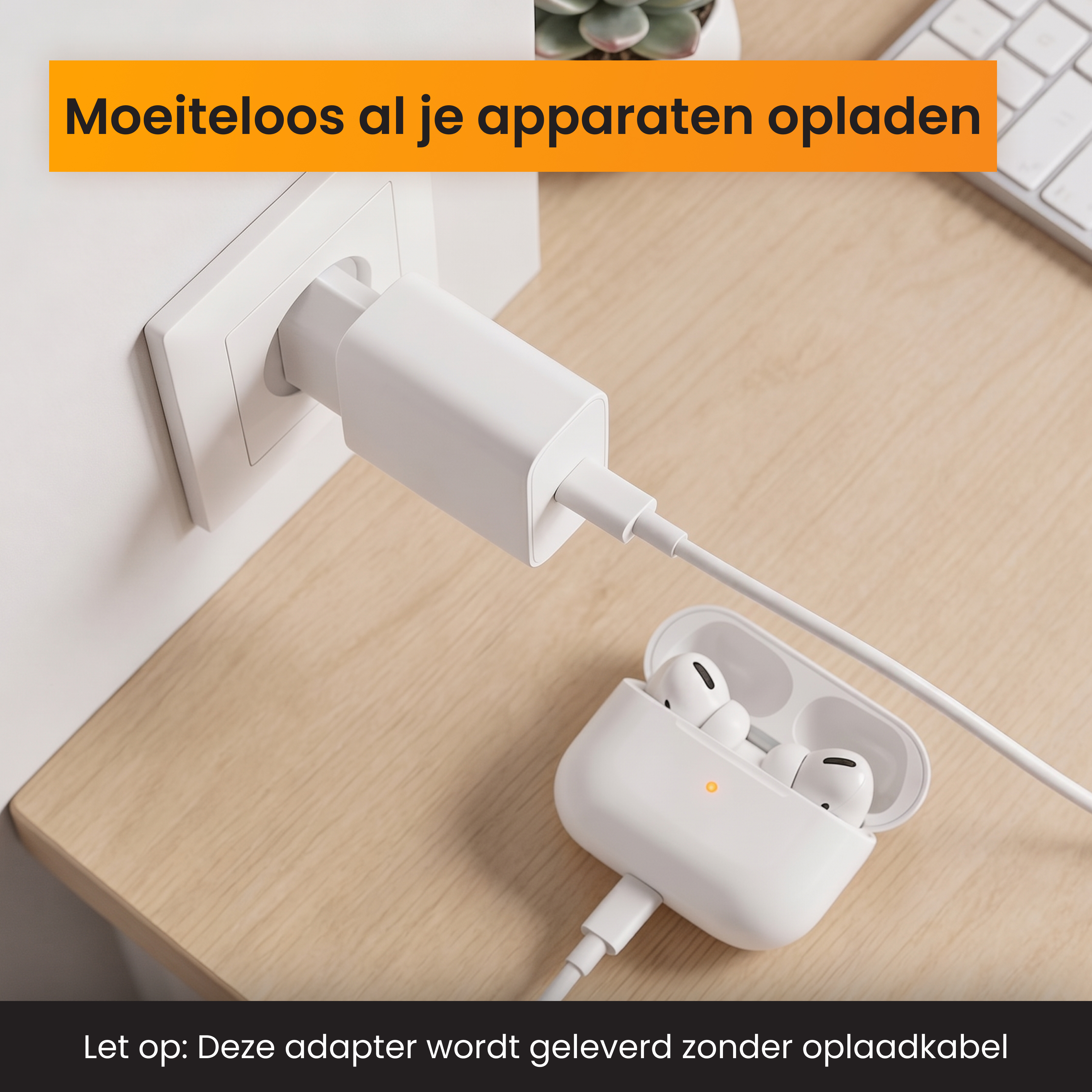 Een witte oplader in het stopcontact, met witte oordopjes ernaast.