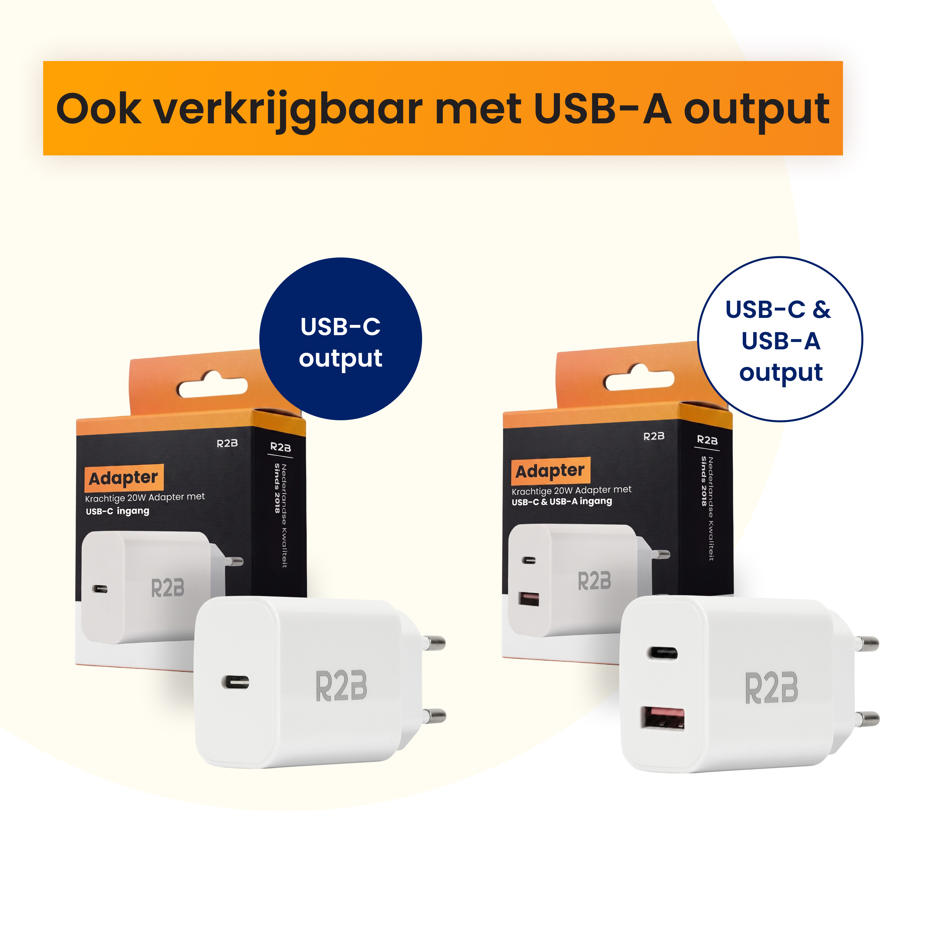 Twee witte R2B stroomadapters, één met USB-C, de andere met USB-C & USB-A.
