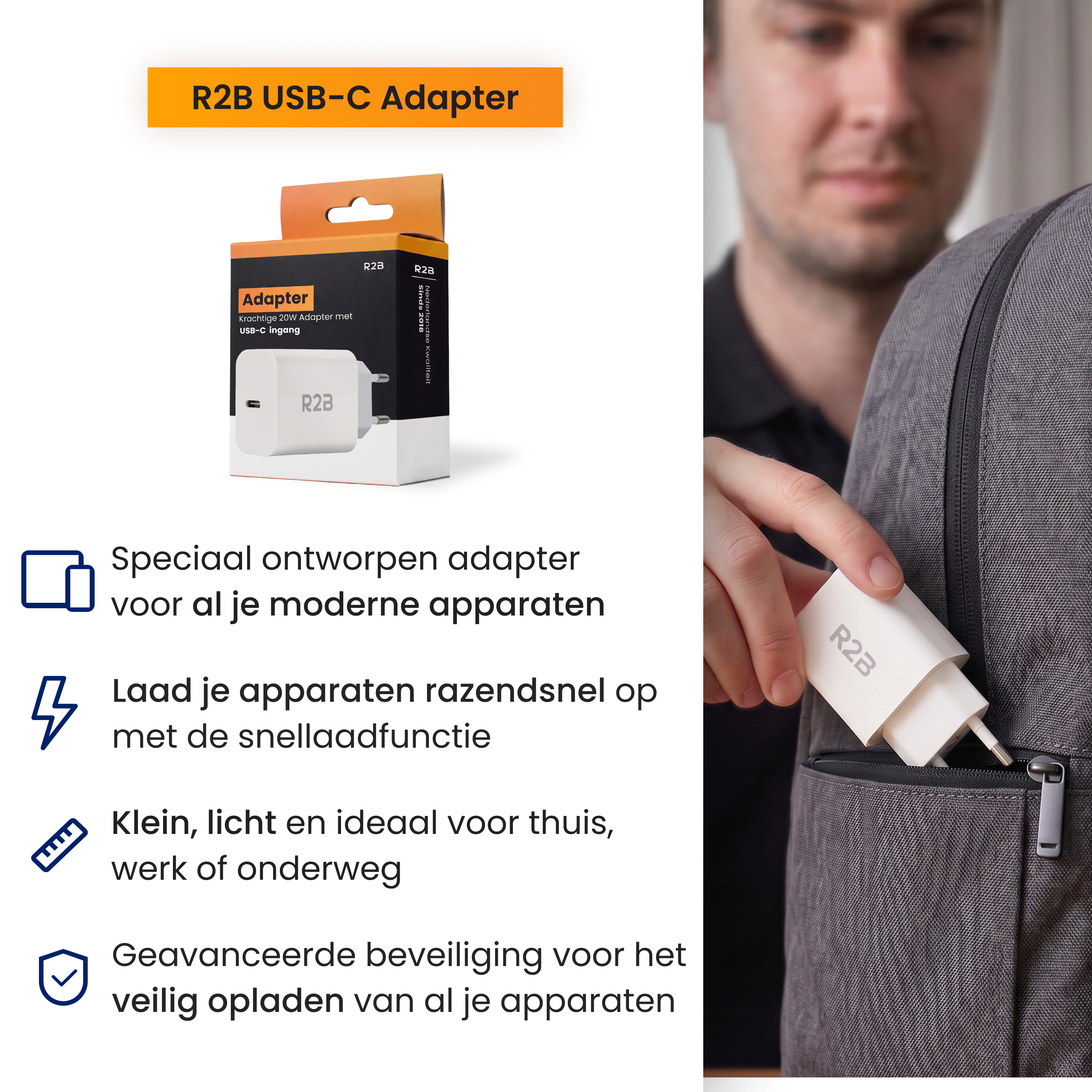 Een man plaatst een witte R2B USB-C adapter in zijn tas.