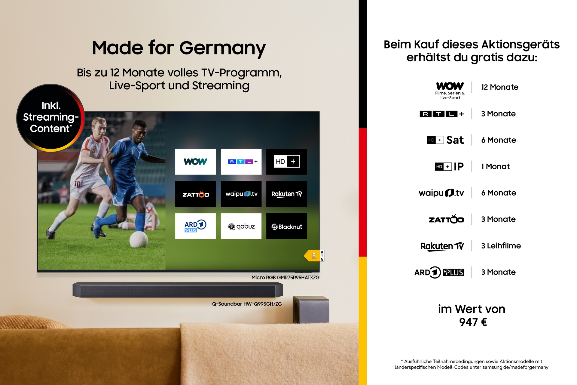 Samsung TV mit Fußballspiel und Soundbar, bewirbt 12 Monate Streaming-Inhalt gratis.