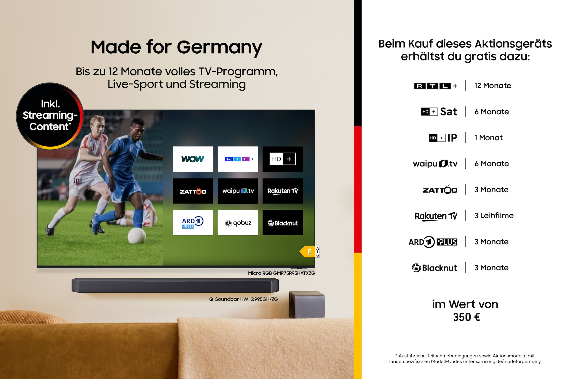 Samsung TV mit Fußballern und Streaming-Apps. Unten: Soundbar und Subwoofer.