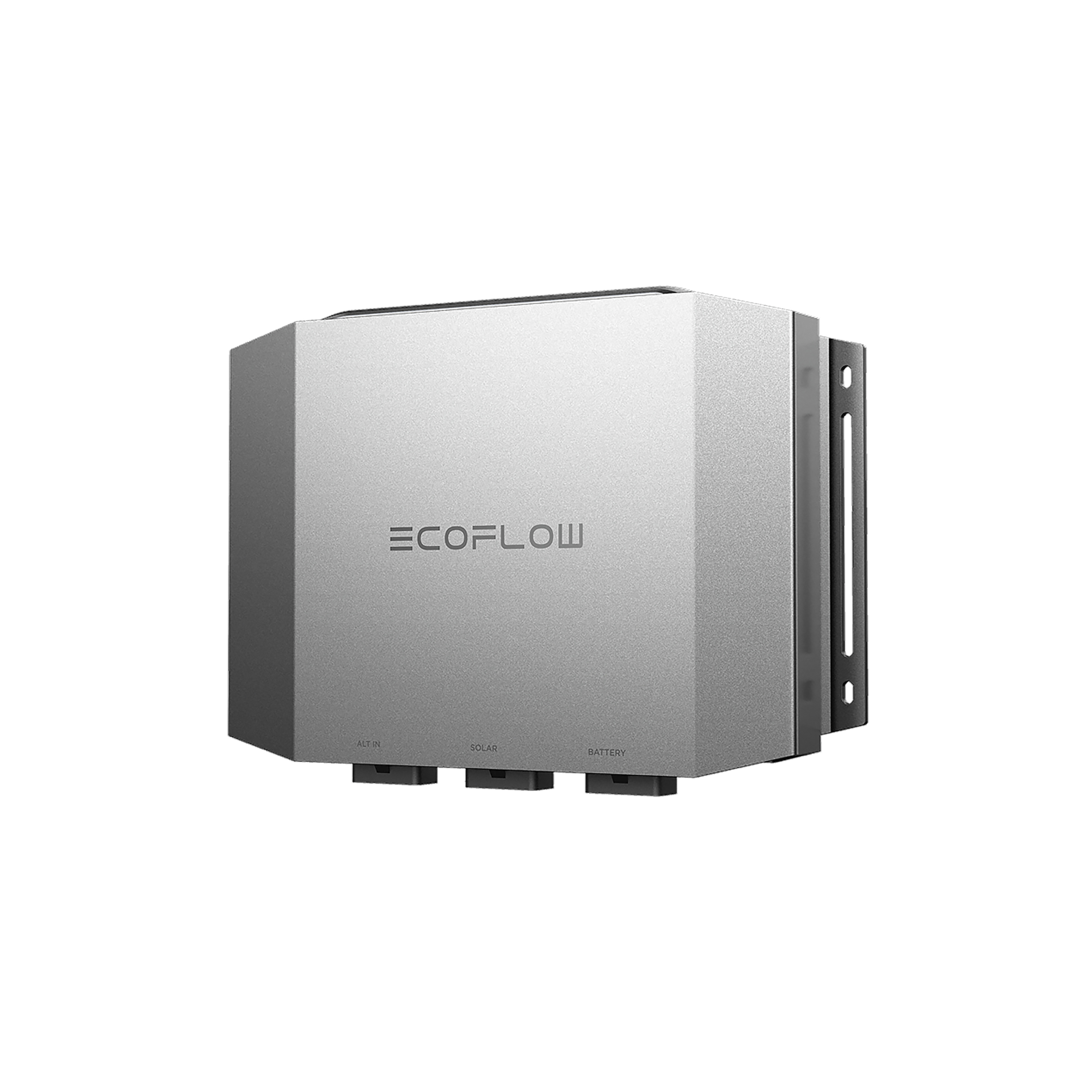 Inversor EcoFlow plateado con puertos AC, Solar y Batería.