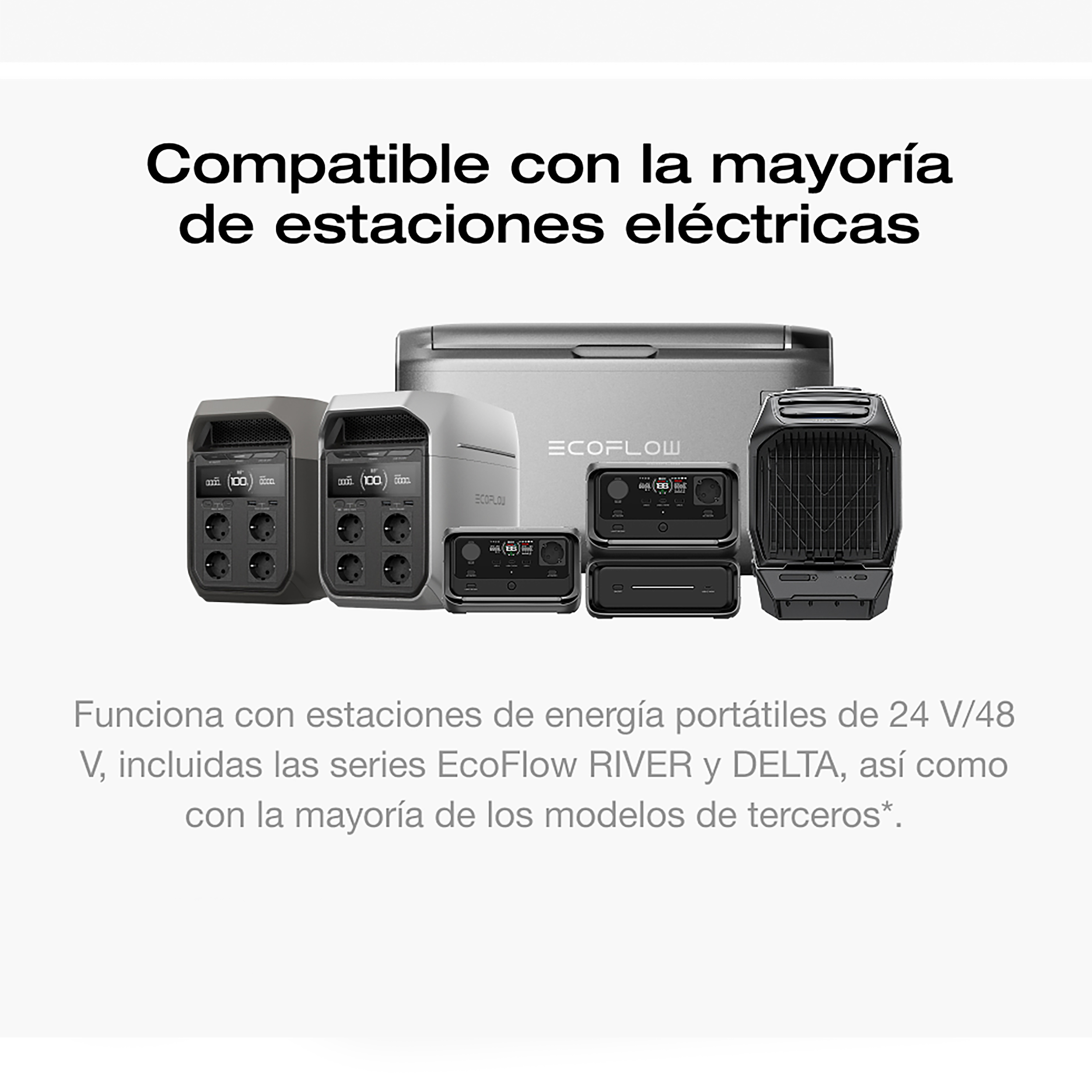 Varios dispositivos EcoFlow y un maletín plateado grande.