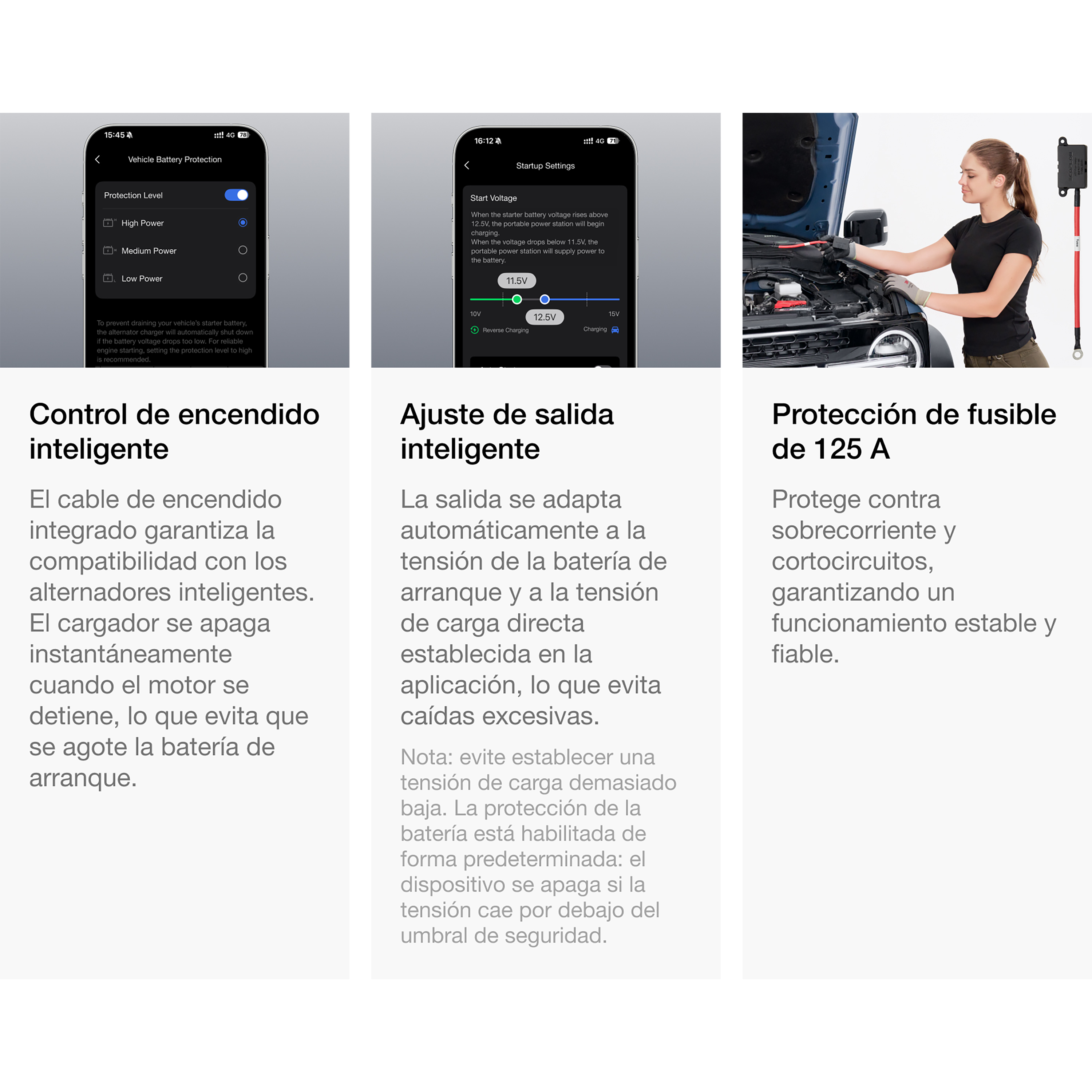 Tres imágenes muestran una app de móvil con ajustes de protección de batería y una mujer conectando un coche.