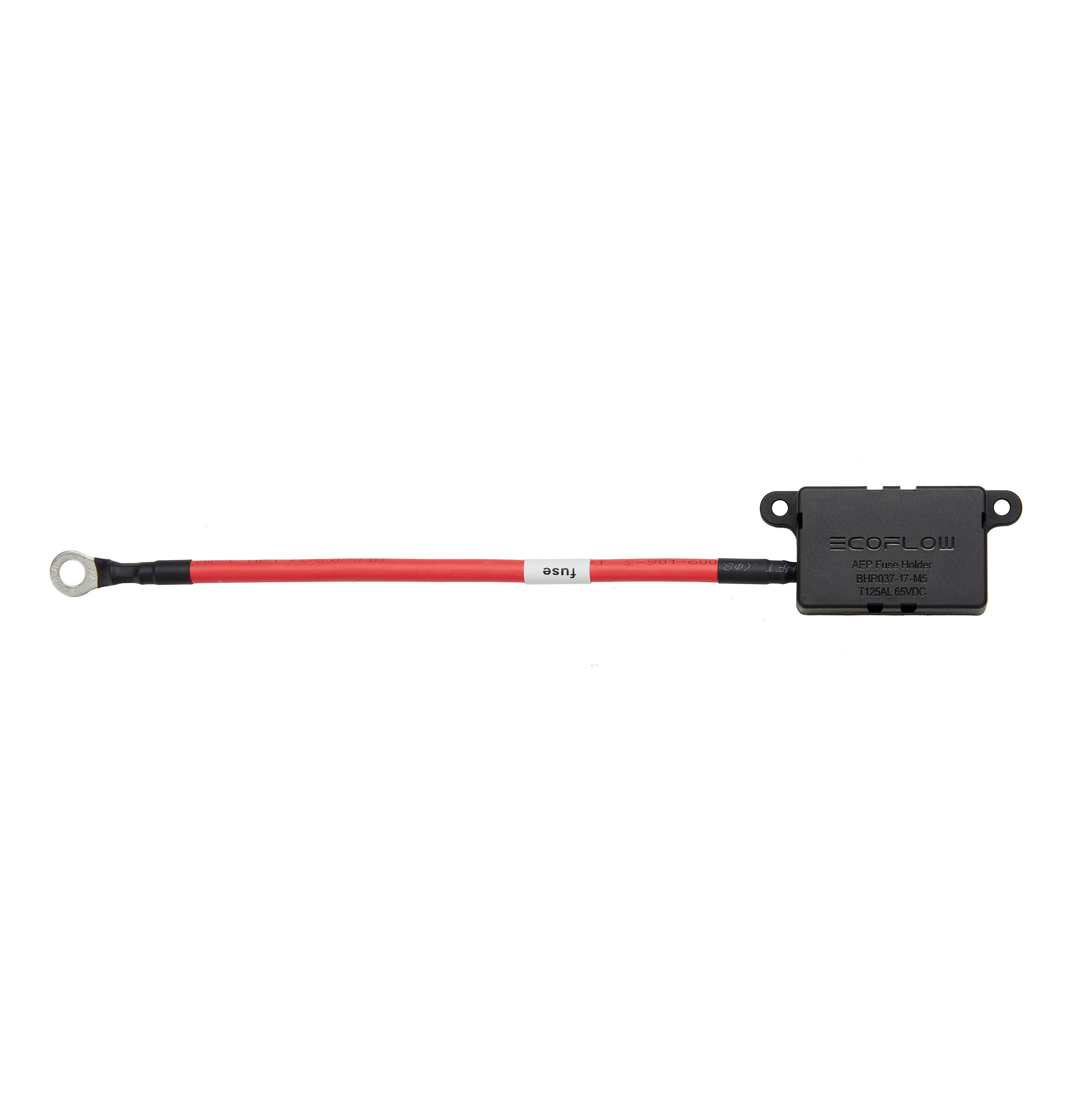 Un cable rojo con terminal de anillo y carcasa negra portafusibles.