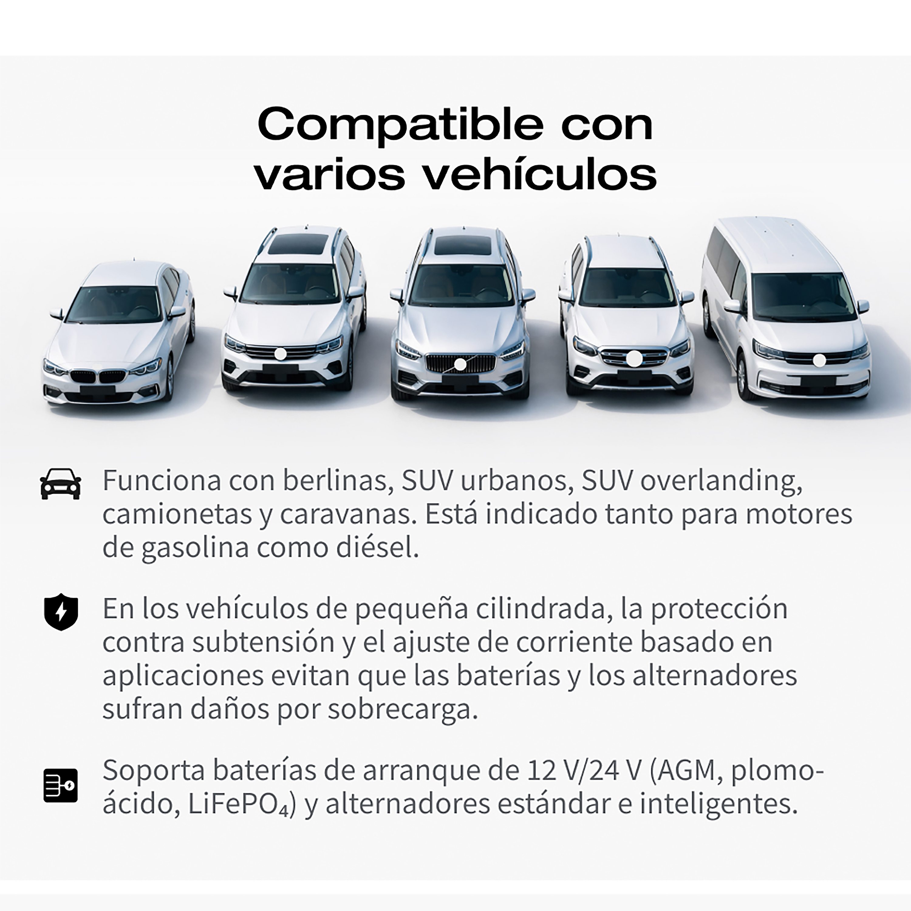 Cinco coches blancos: sedán, dos SUV, una furgoneta. Compatible con muchos vehículos.