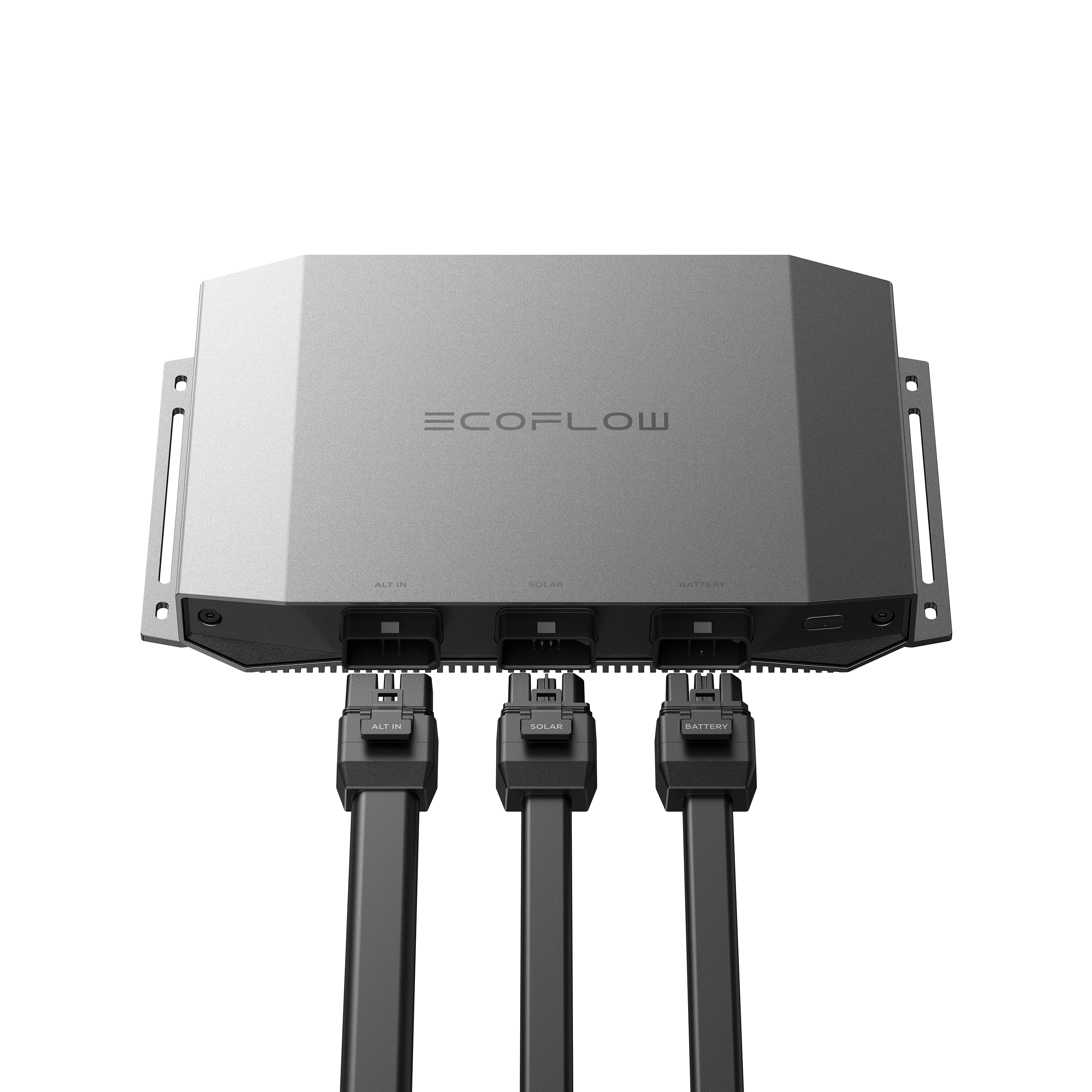 Dispositivo EcoFlow gris con tres cables negros: ALT IN, SOLAR y BATTERY.