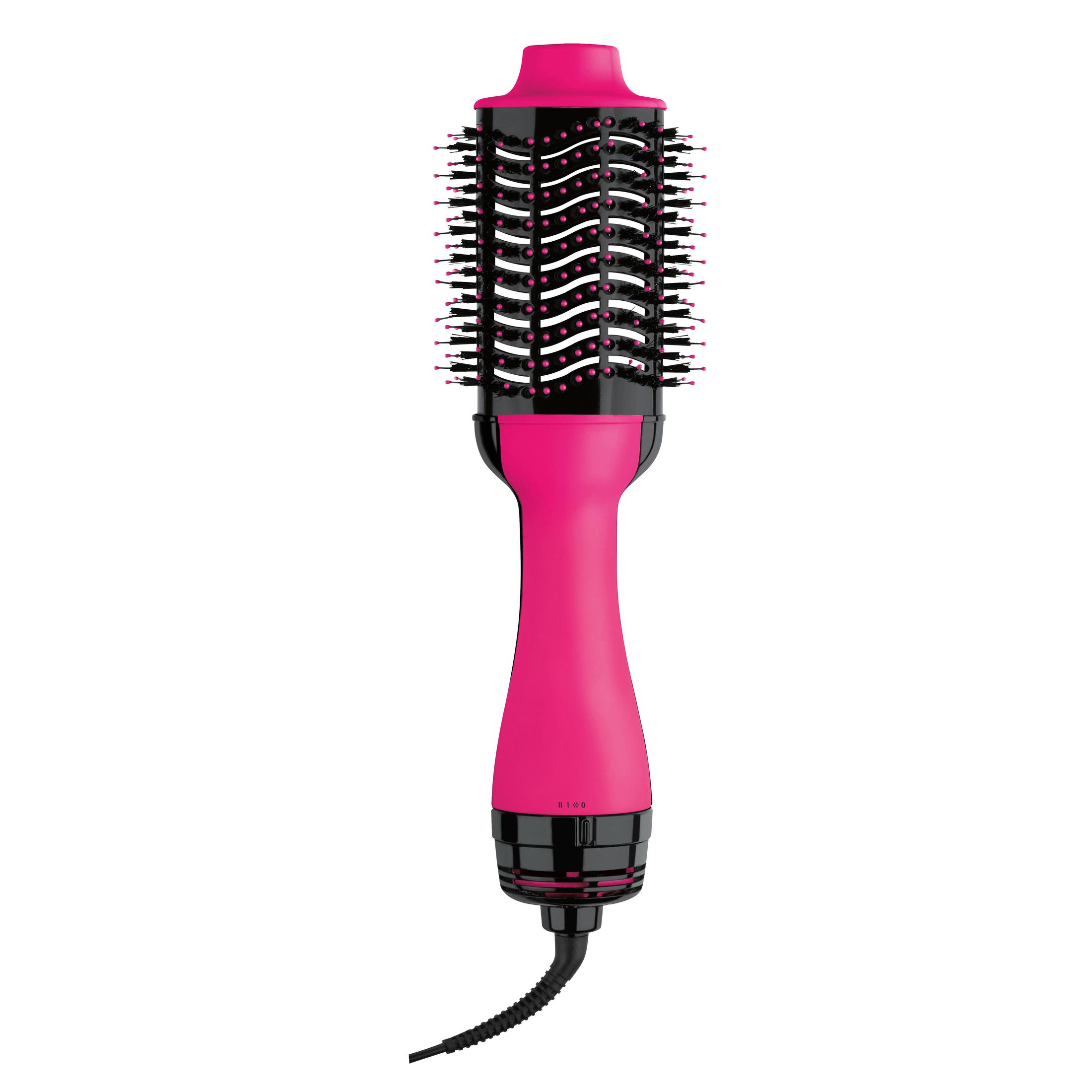 Un cepillo de aire caliente rosa y negro con cabezal de cepillo redondo.