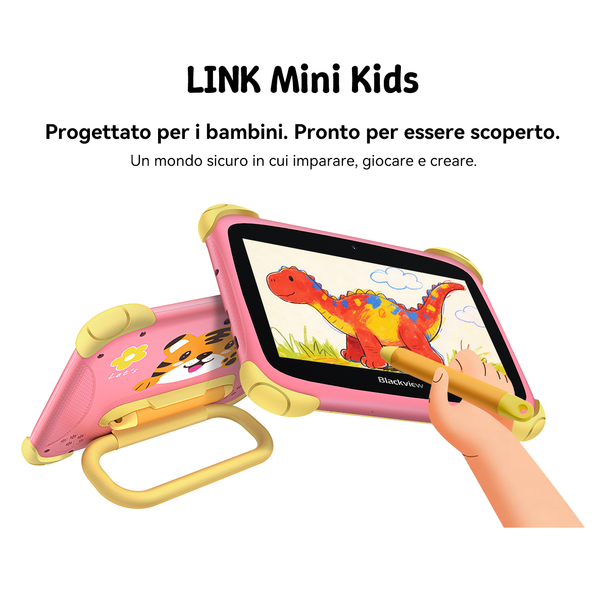 Tablet rosa per bambini con disegno di dinosauro. Un bambino usa uno stilo.