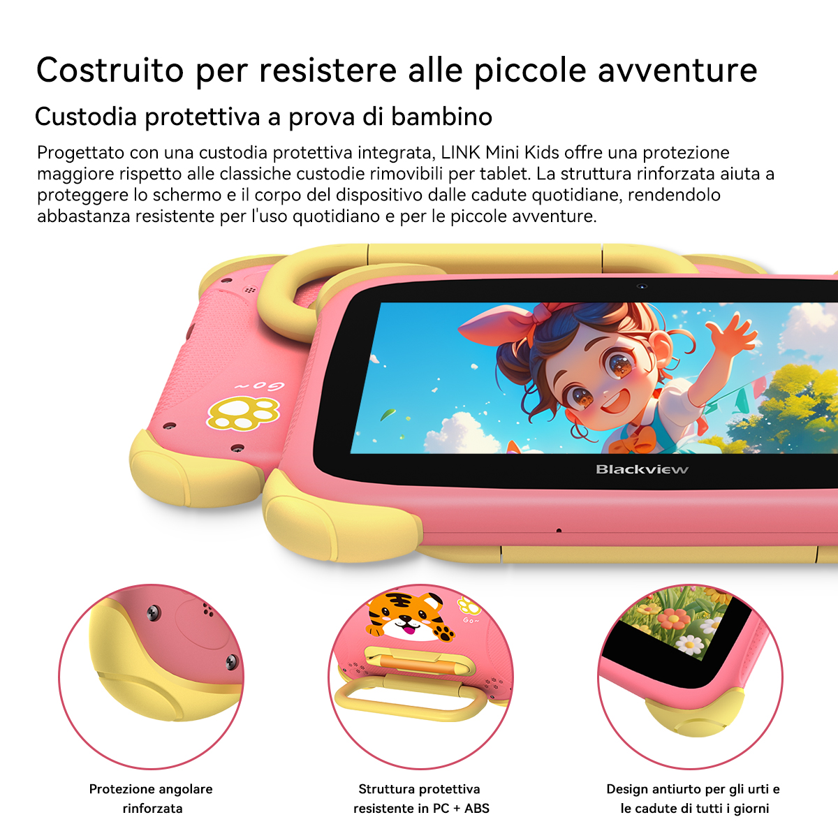 Tablet per bambini rosa e giallo con adesivi e custodia protettiva.