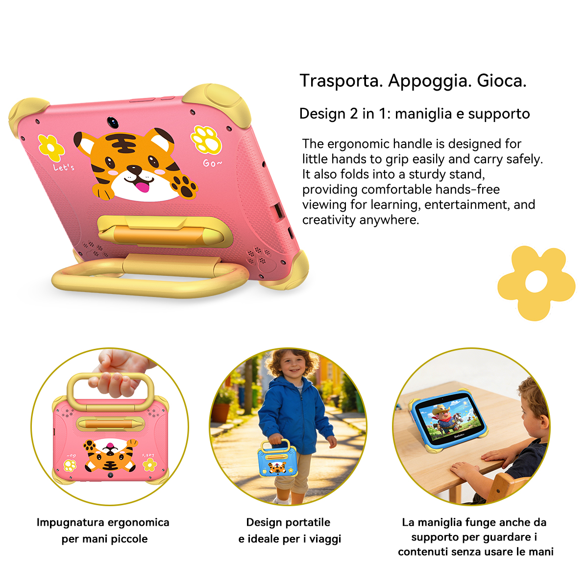 Un tablet rosa con design a tigre e manico/supporto giallo, funzionante come dispositivo portatile e supporto.