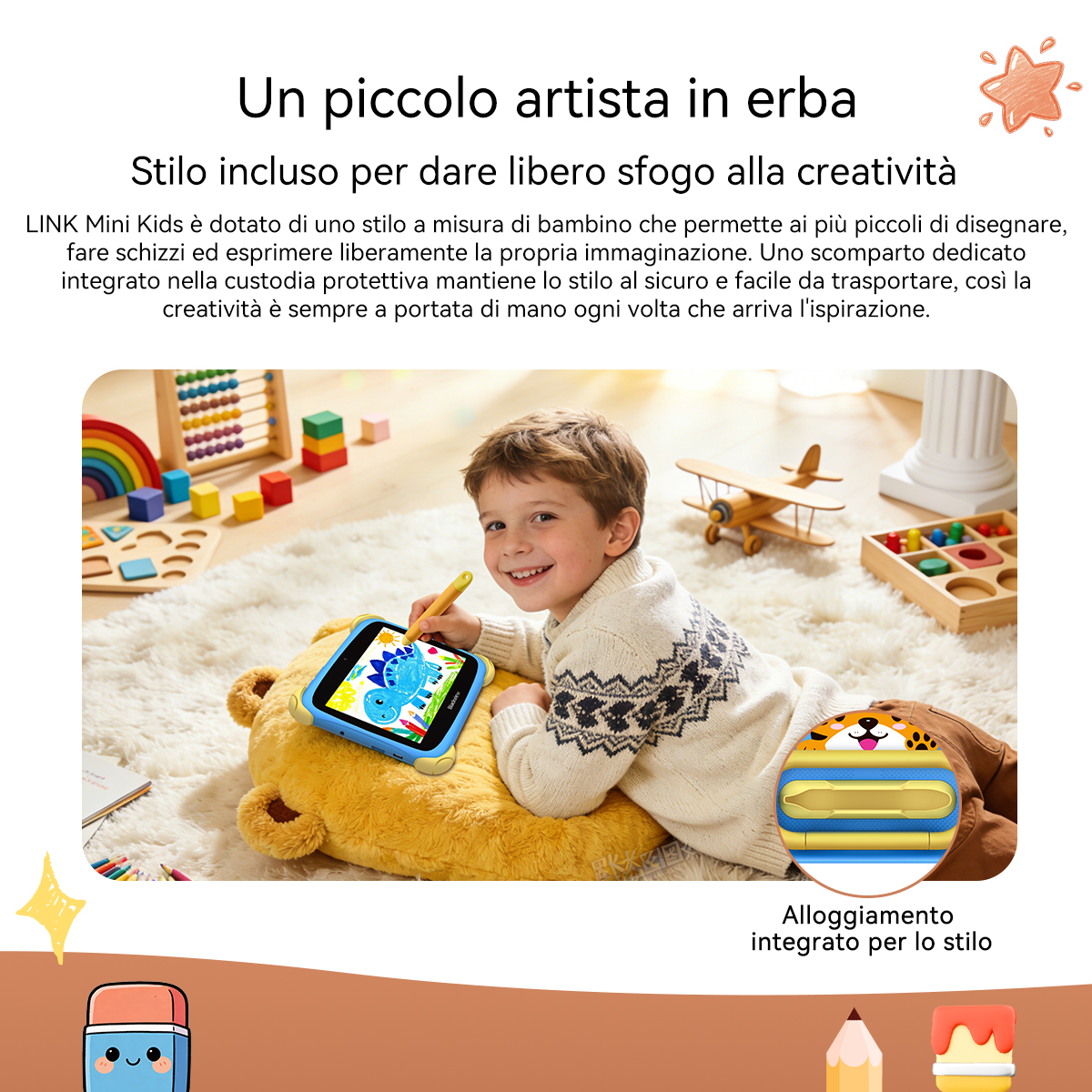 Un bambino sdraiato su un tappeto disegna su un tablet. Ci sono giocattoli intorno a lui.