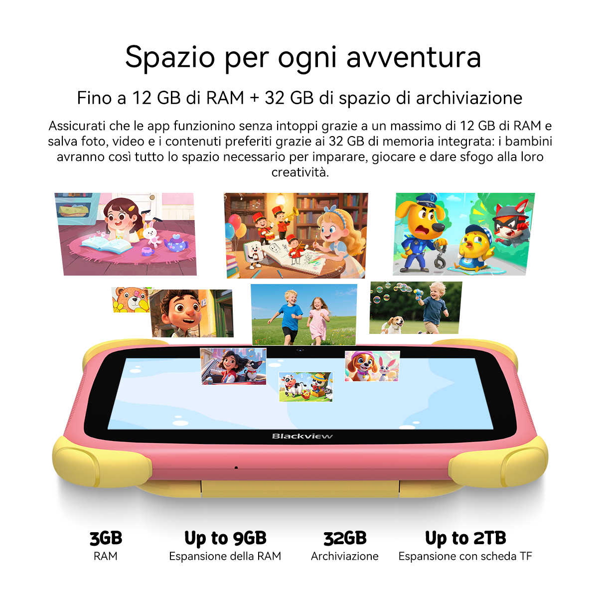 Un tablet rosa e giallo mostra colorate scene di libri per bambini e cartoni animati.