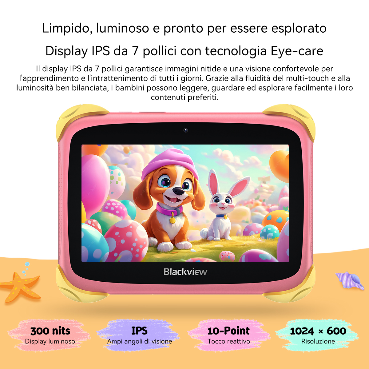 Un tablet rosa con un cane e un coniglio sullo schermo.