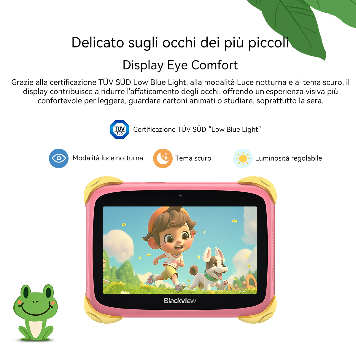 Un tablet rosa mostra una bambina e un cane, con una rana disegnata accanto.