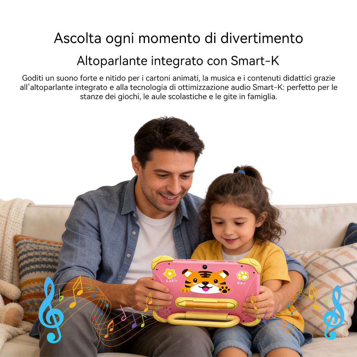Padre e figlia guardano insieme un tablet rosa con una tigre.