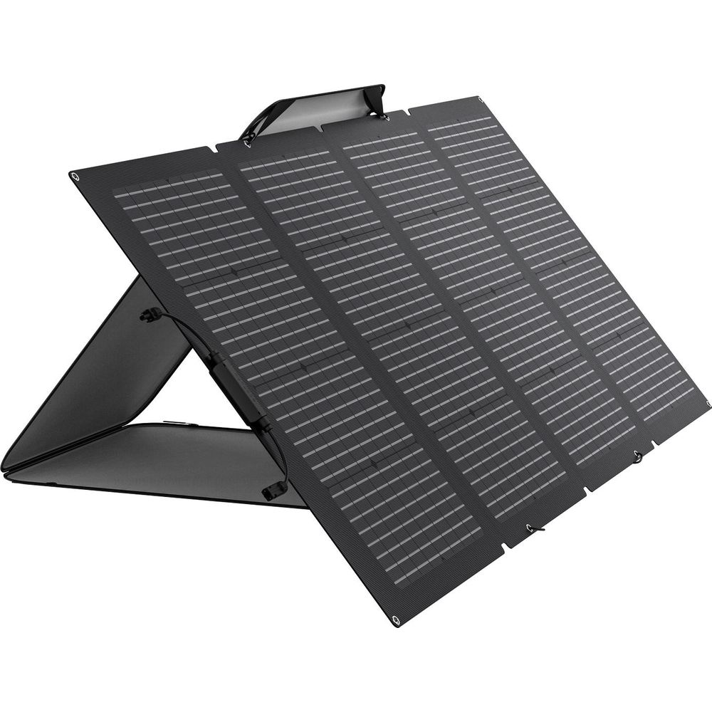 Un panel solar plegable gris oscuro, apoyado con un soporte.