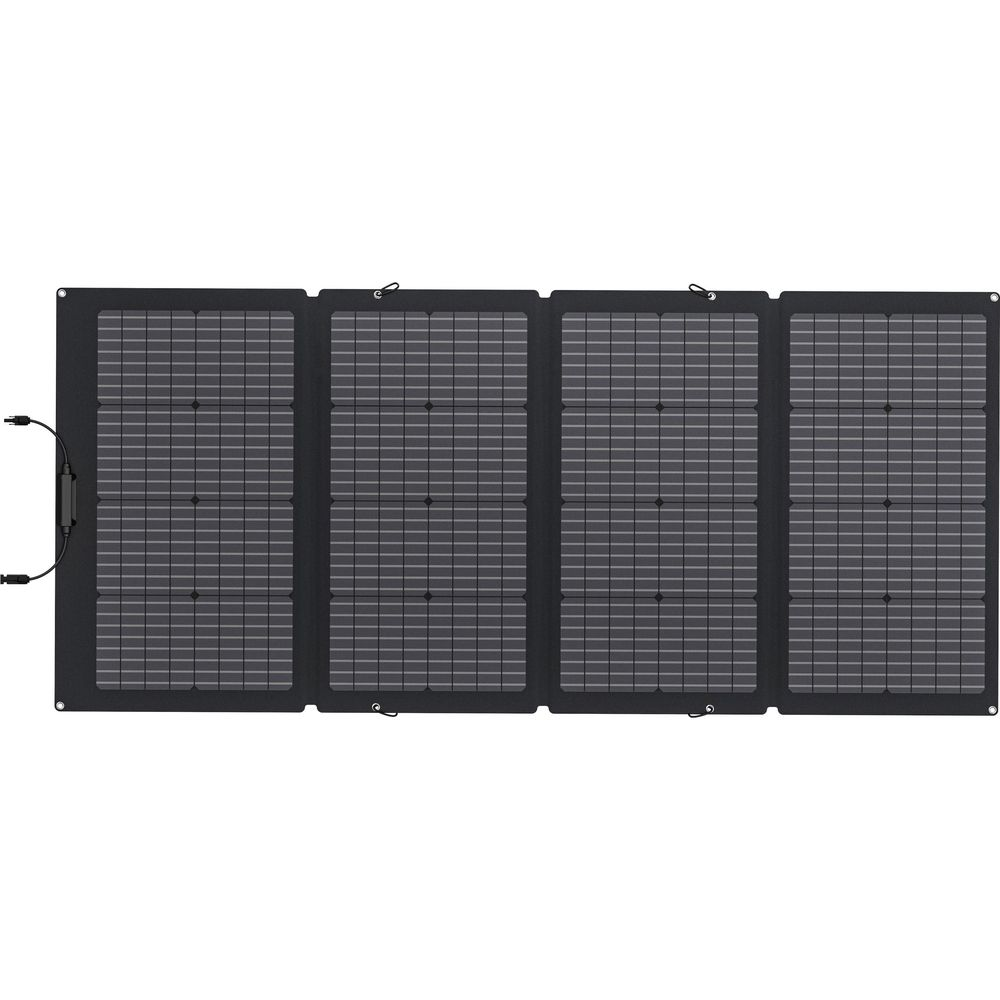 Un panel solar plegable con cuatro segmentos y conectores negros.