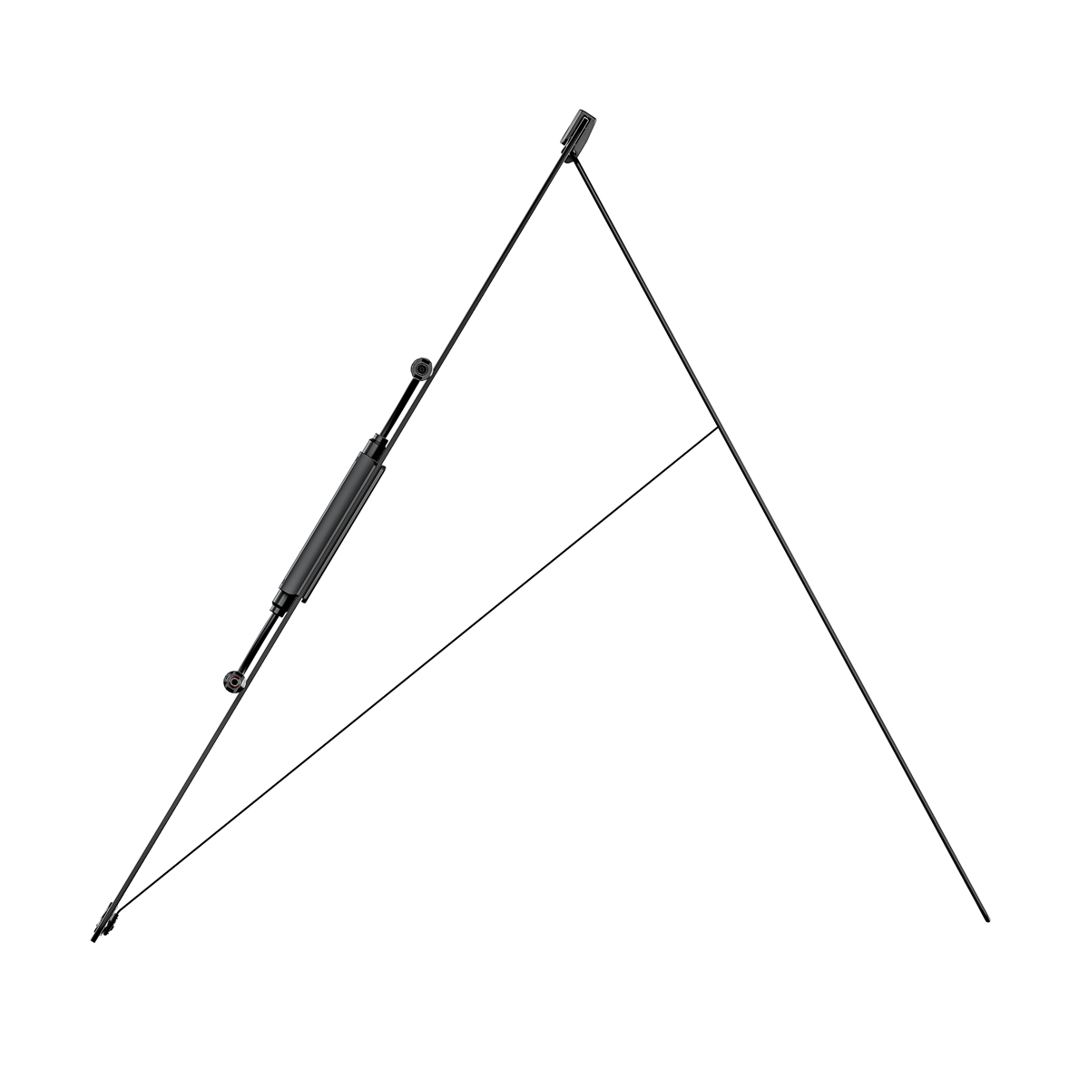 Un amortiguador de gas negro con varillas y cables, formando una forma triangular.
