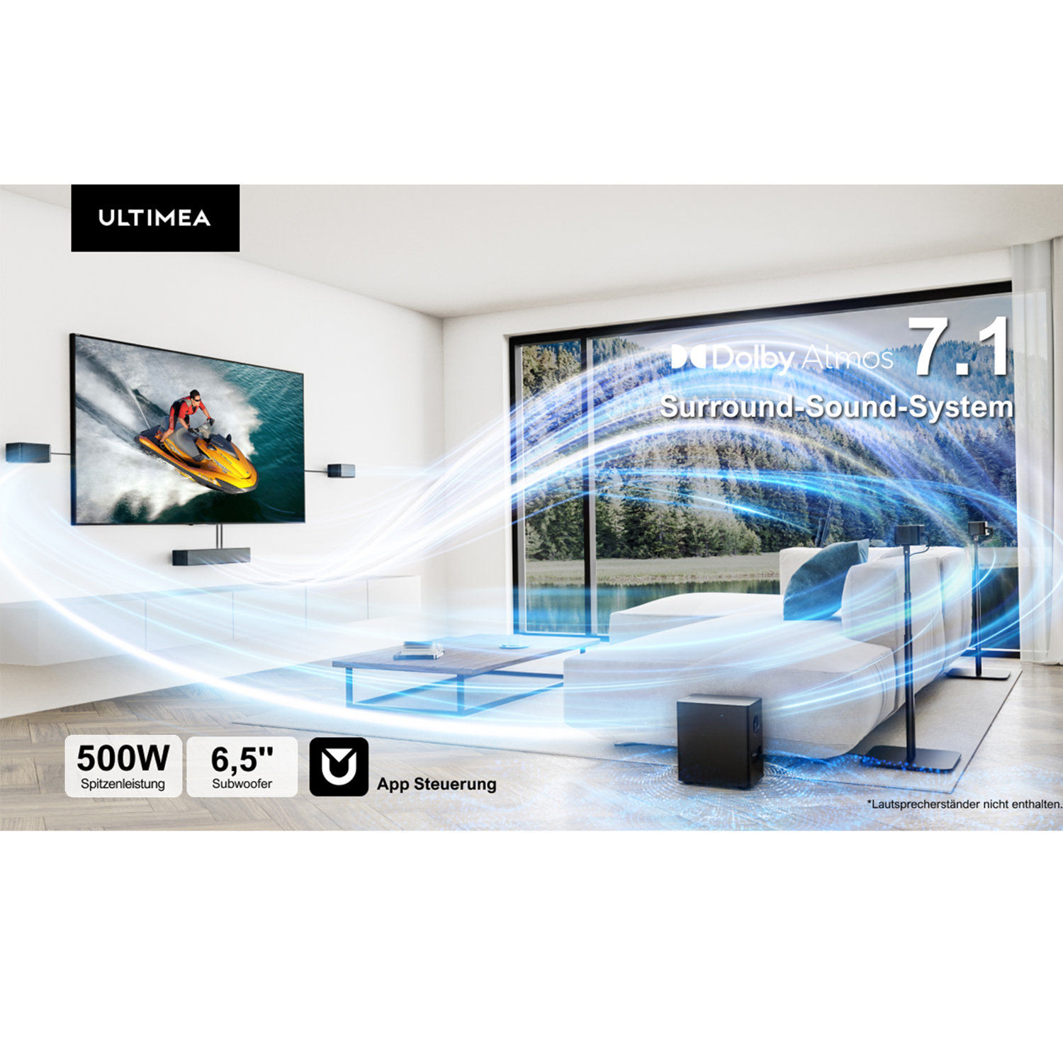 Modernes Wohnzimmer mit Dolby Atmos 7.1 Surround-System, TV mit Jetski-Bild, Sofa.