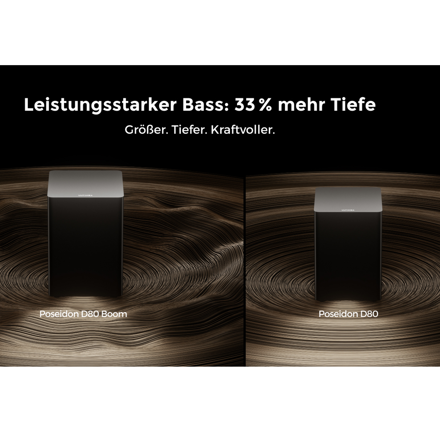 Zwei schwarze Lautsprecher auf wirbelndem Grund. Einer heißt Poseidon D80 Boom.