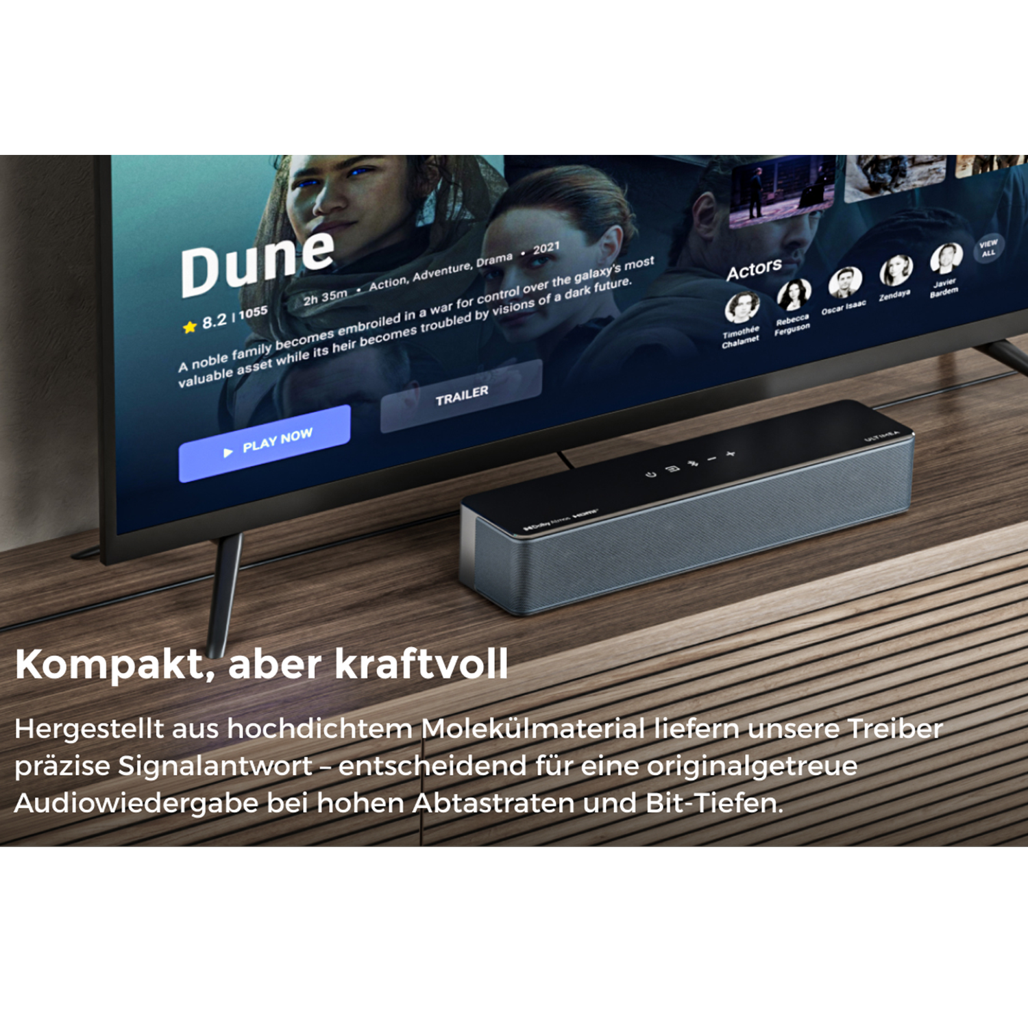 Ein Fernseher zeigt den Film "Dune" mit Schauspielern und einer Soundbar.