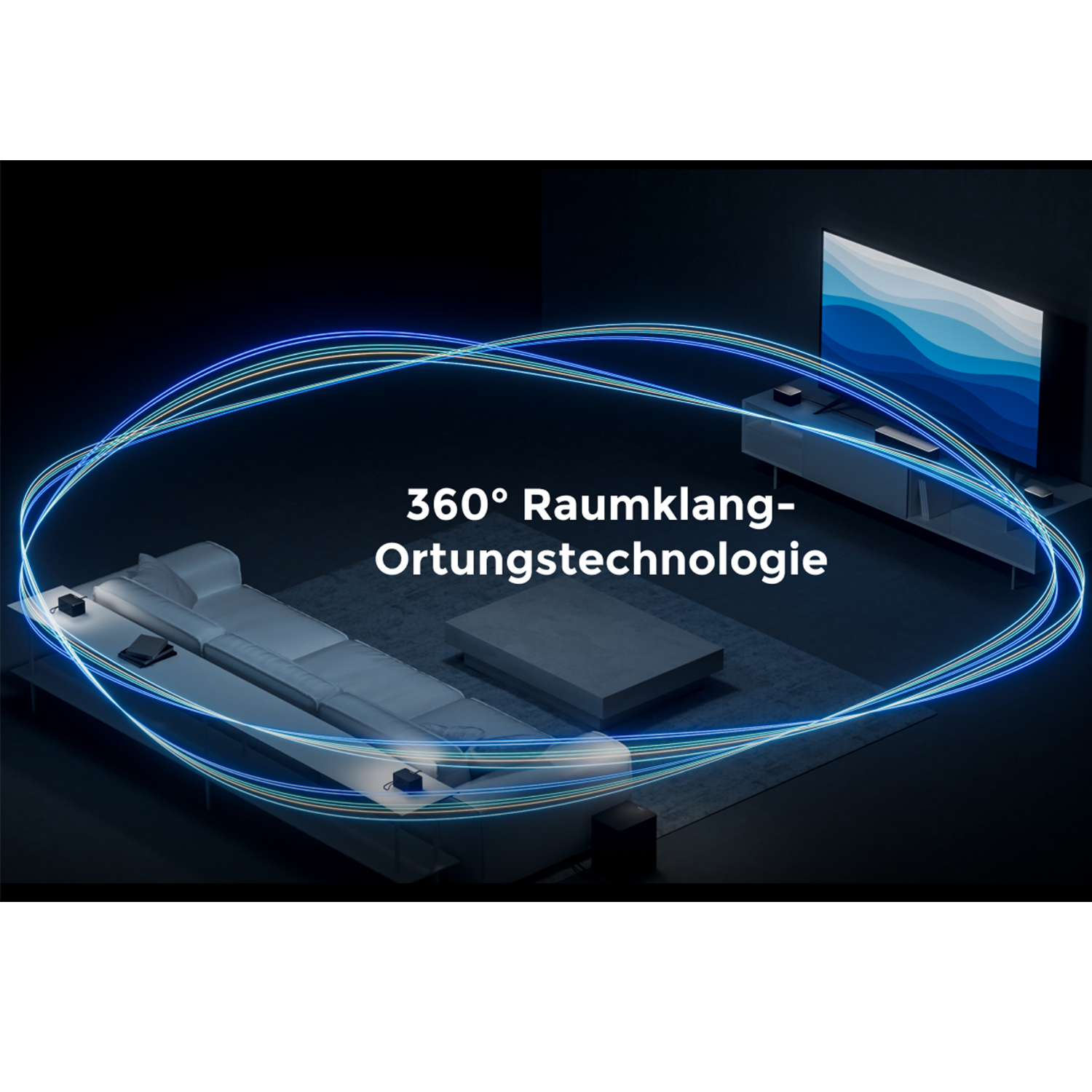 360° Raumklang-Ortungstechnologie über einem Wohnzimmer mit Sofa und Fernseher.