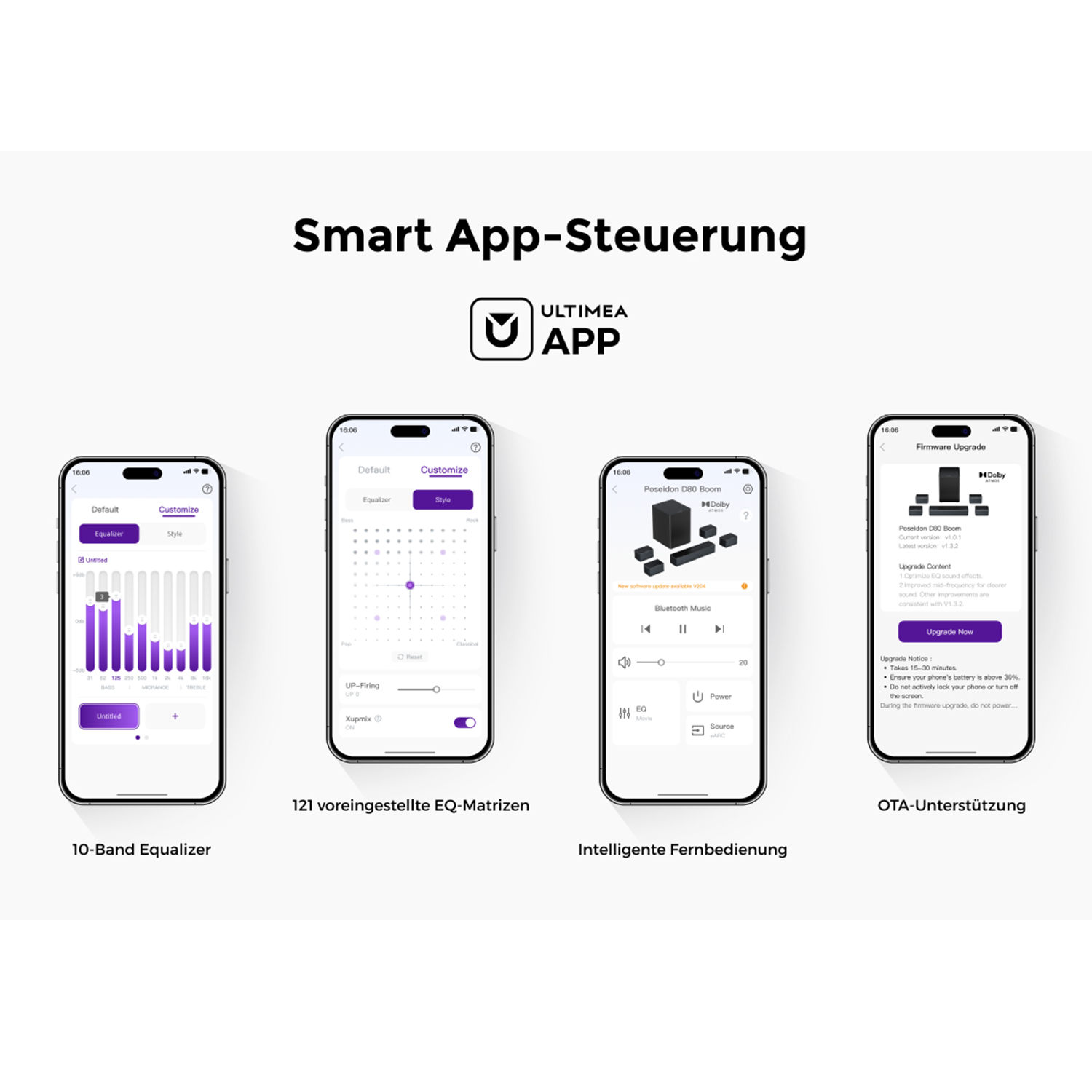 Vier Smartphone-Screens zeigen EQ- und Firmware-Einstellungen für Audio.
