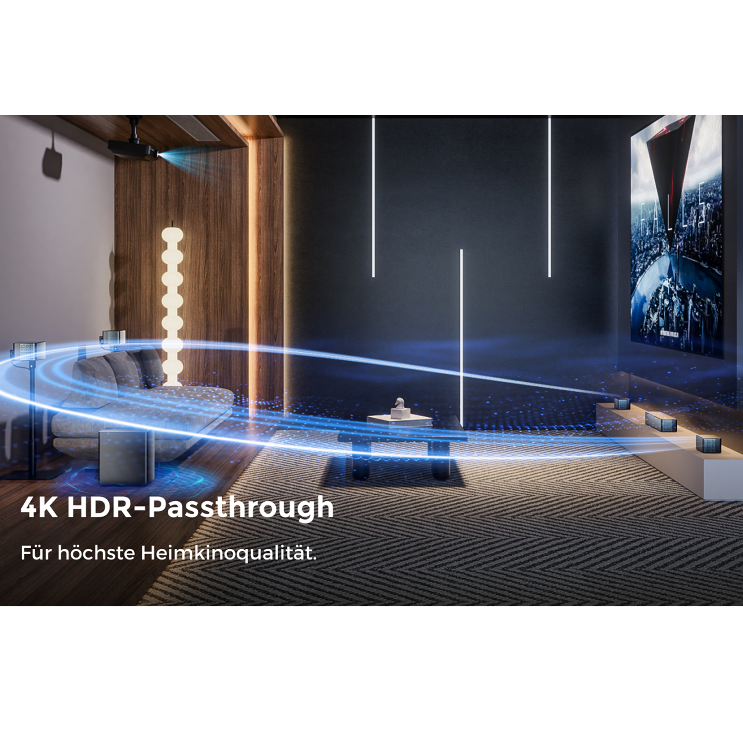 Modernes Wohnzimmer mit Projektor, Couch, Beistelltisch & 4K-HDR-Pass-Through-Anzeige.