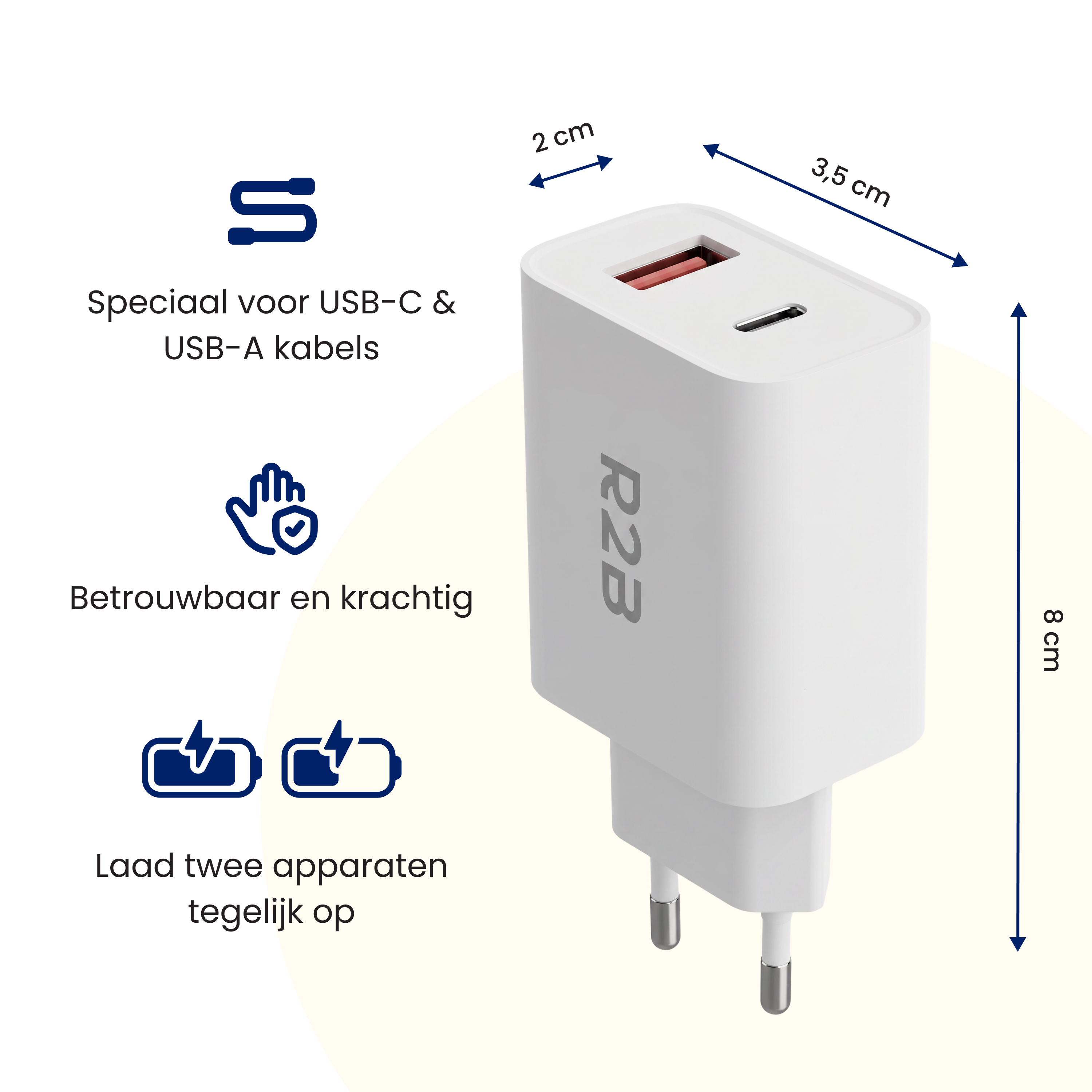 Un chargeur blanc USB-C/USB-A avec deux ports, dimensions 8x3,5x2cm.