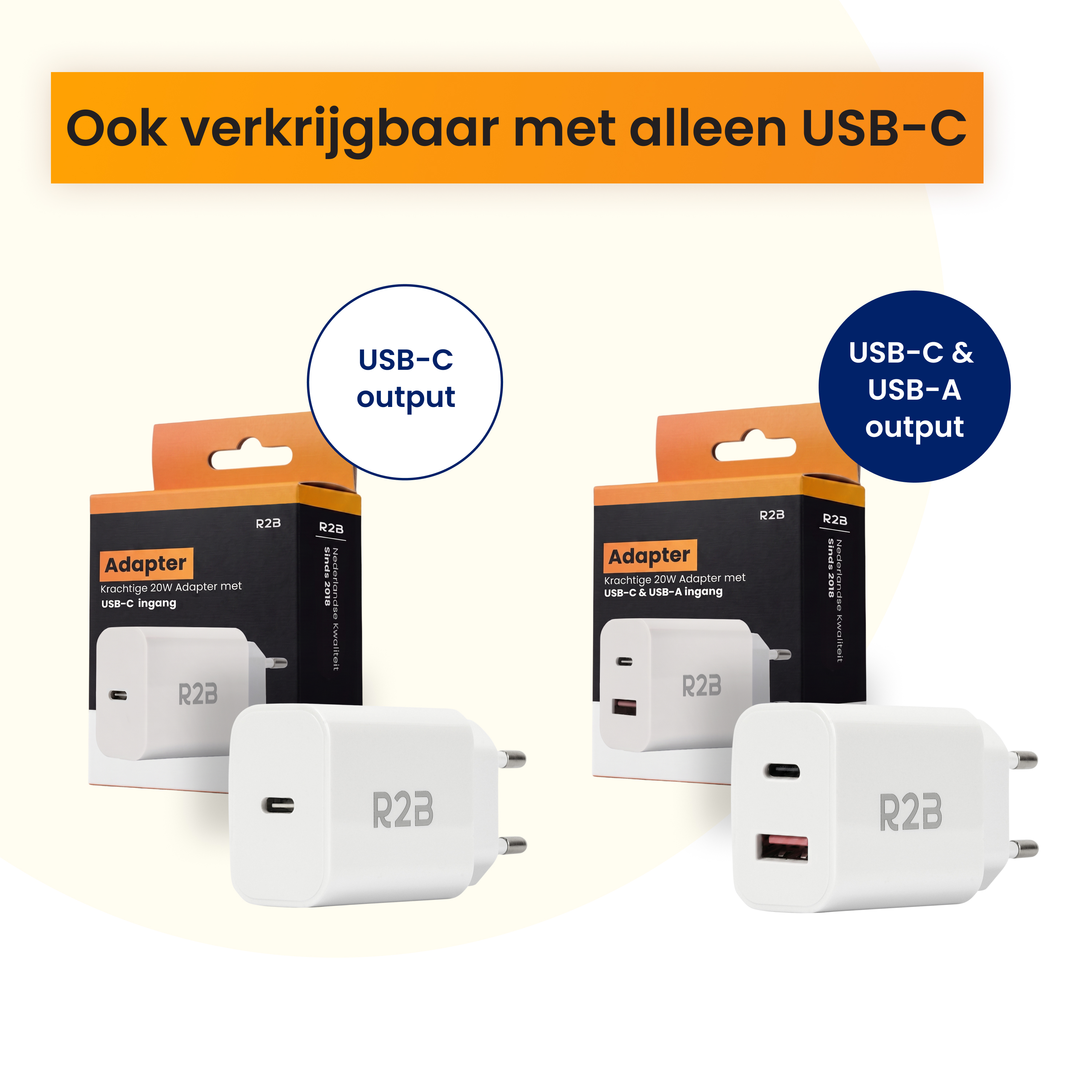 Deux adaptateurs blancs R2B : un USB-C seul, un avec USB-C et USB-A.