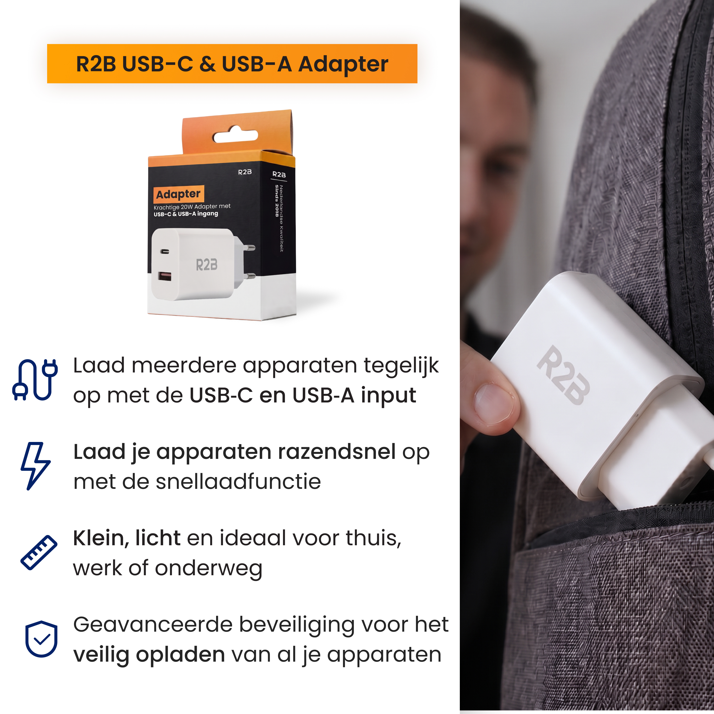 Un adaptateur R2B USB-C et USB-A blanc est placé dans une poche.
