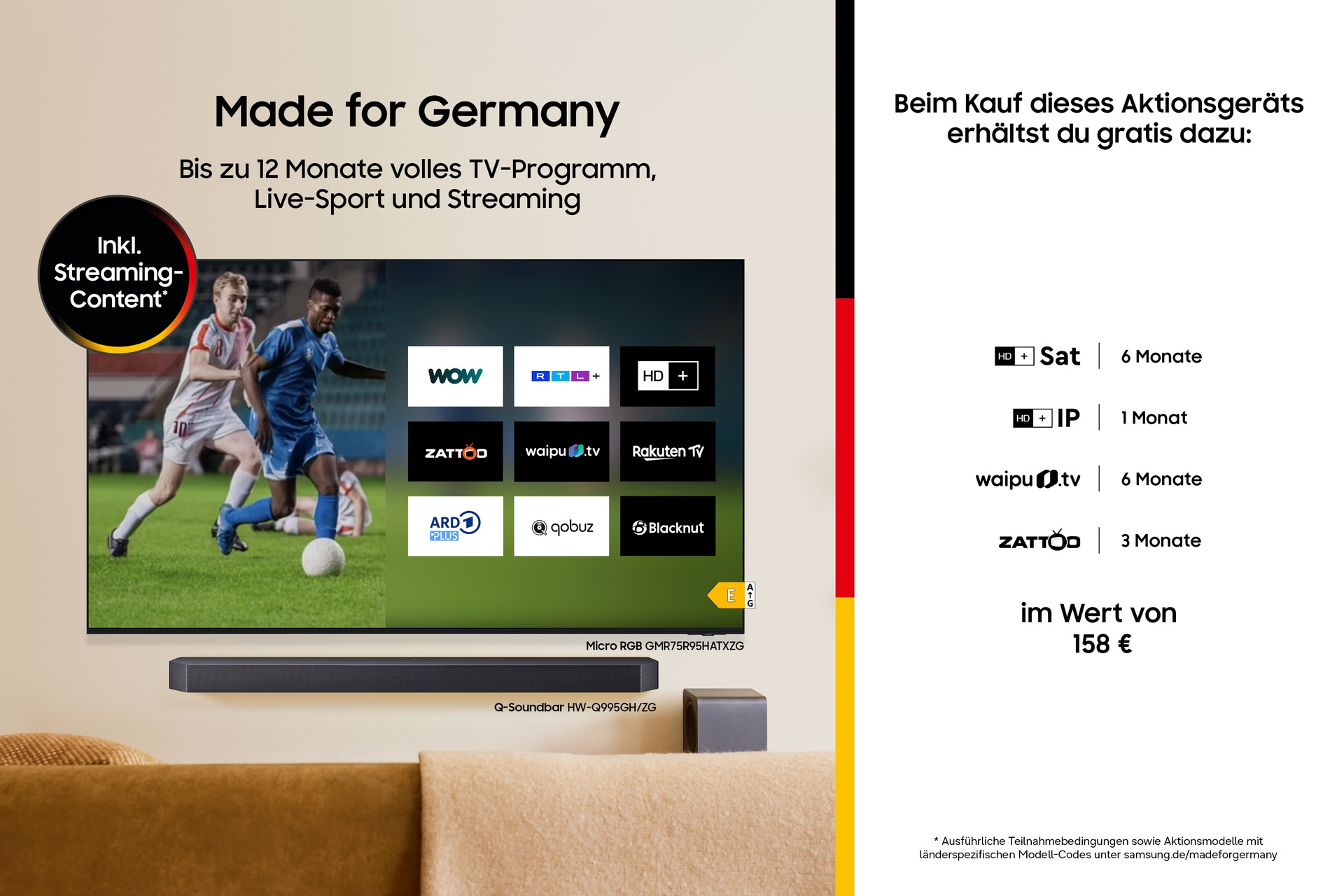 TV Samsung con partido de fútbol y apps de streaming, barra de sonido y detalles promoción.