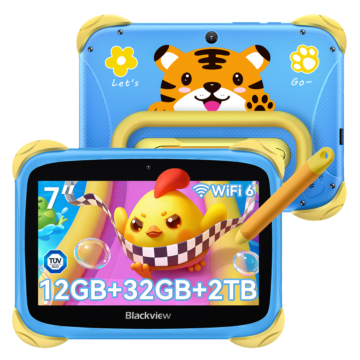 Tablet blu per bambini con tigre dei cartoni animati sul retro e pulcino sullo schermo.