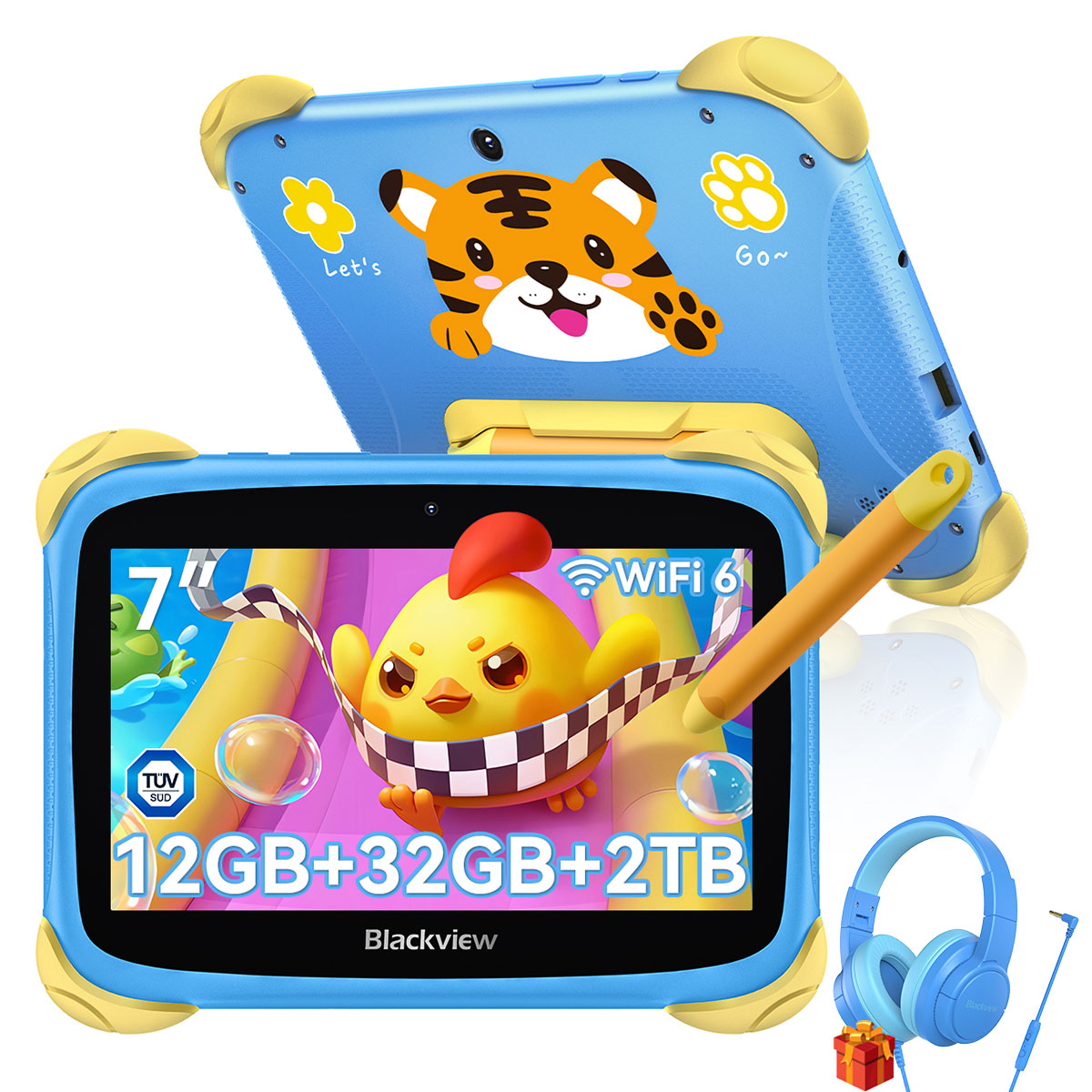 Tablet blu per bambini con disegni di animali, cuffie e pennino. Schermo mostra un pulcino.