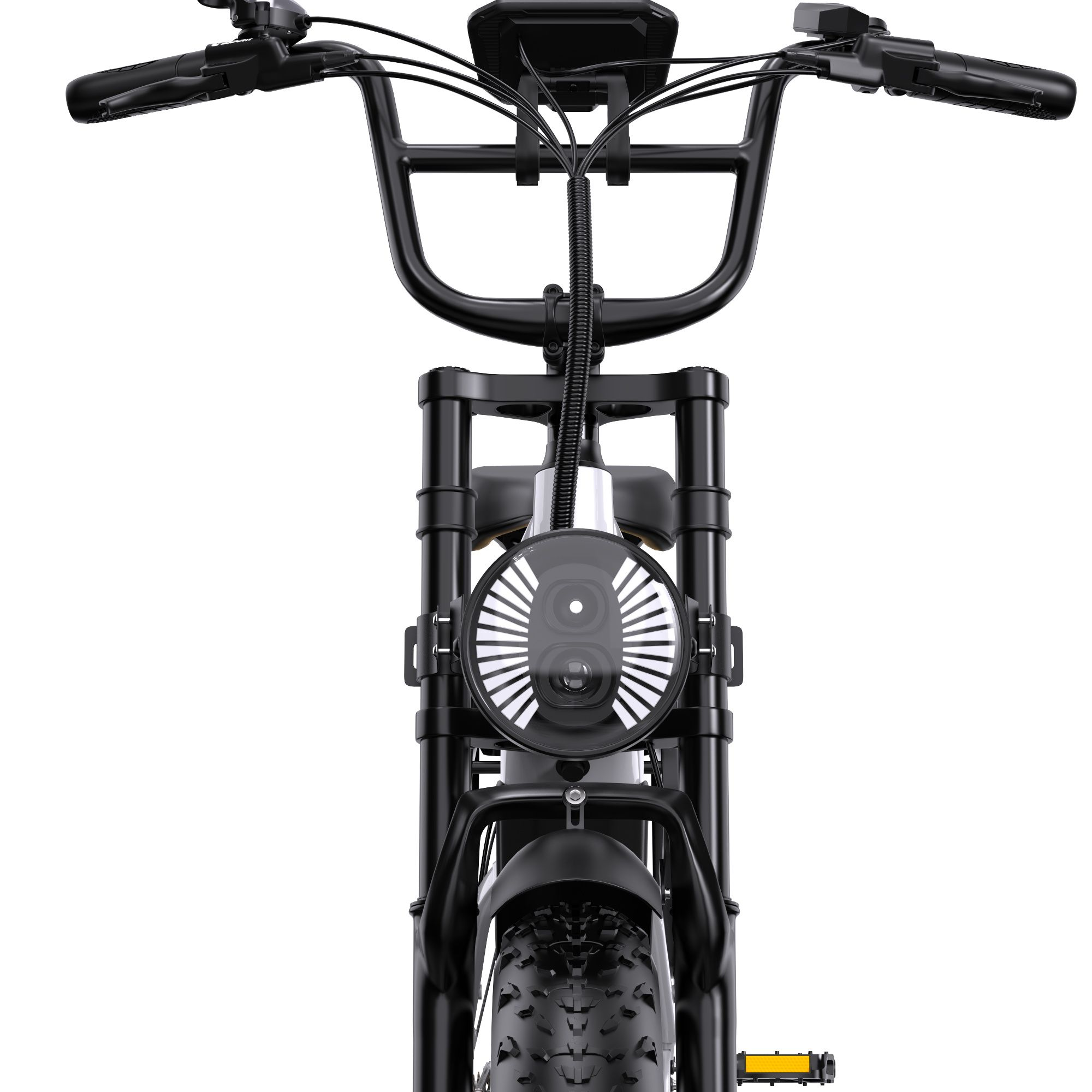 Vista frontal de una bicicleta eléctrica negra con manillar ancho, faro redondo y neumático grueso.
