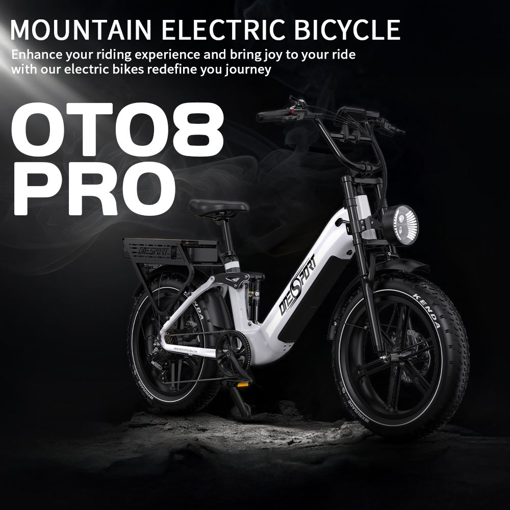 Bicicleta eléctrica de montaña blanca con neumáticos anchos y portaequipajes.