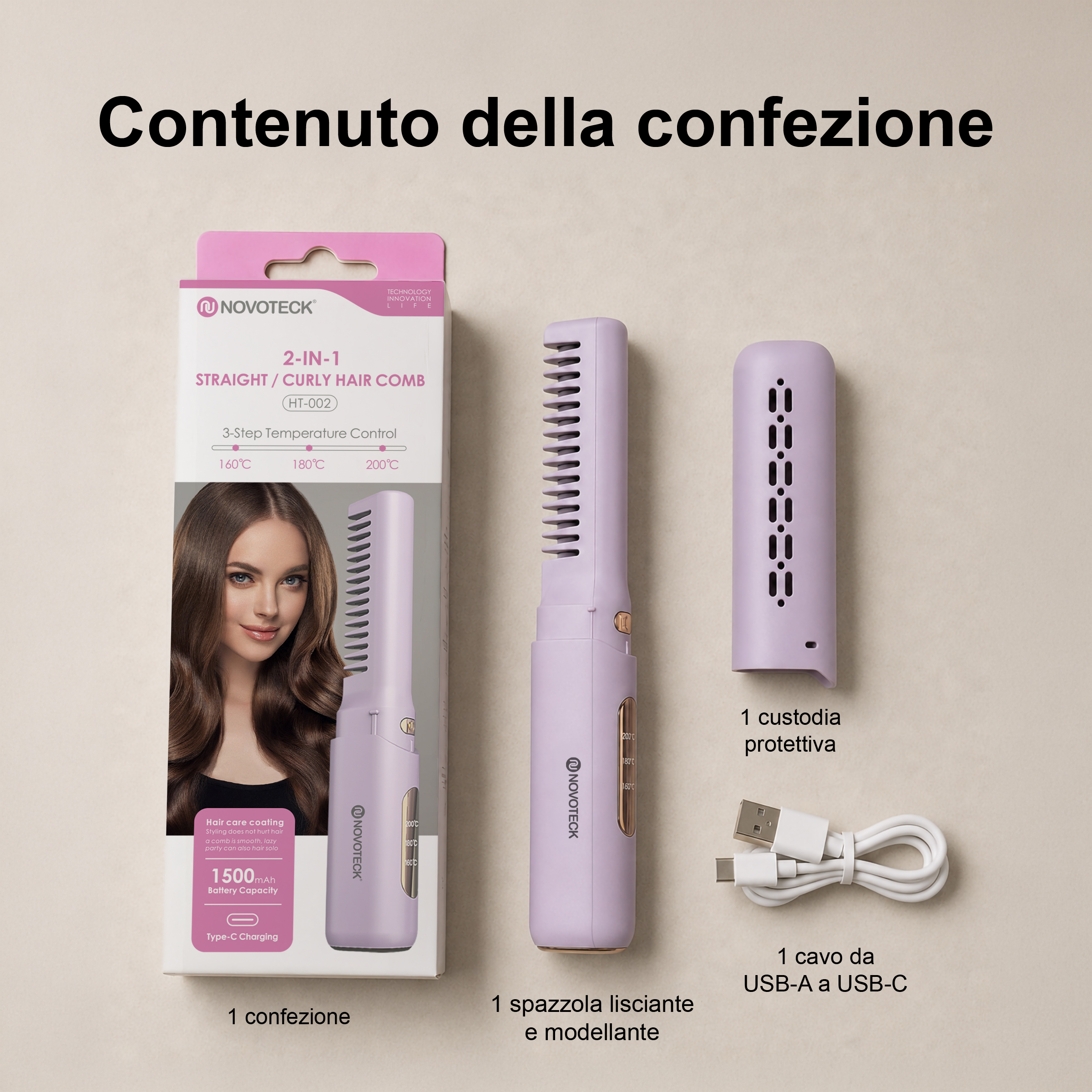 Piastra pettine viola, custodia protettiva e cavo USB-C su sfondo beige.