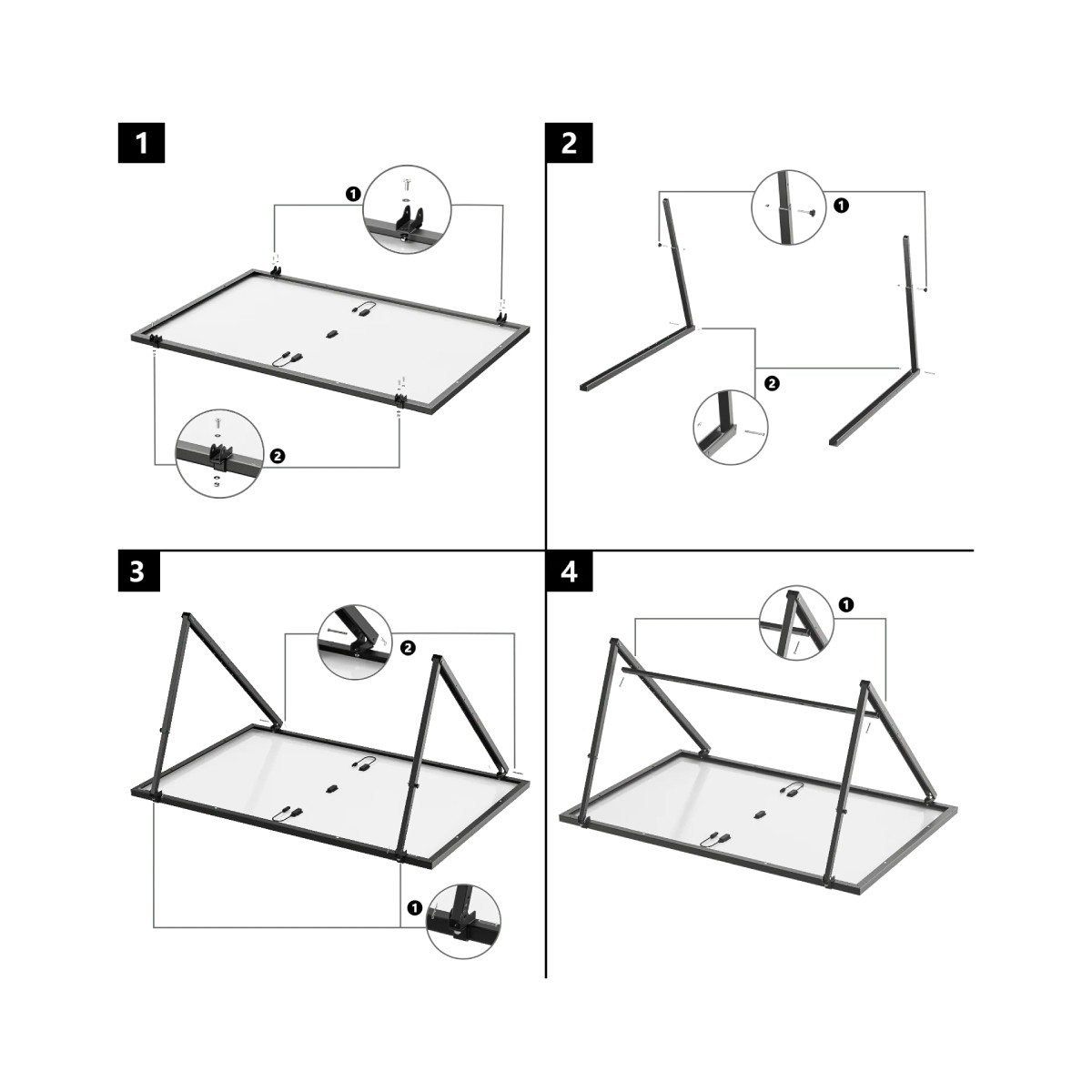 Pasos de montaje 1-4: Marco, patas, soportes y montaje final de una mesa con tapa de cristal.