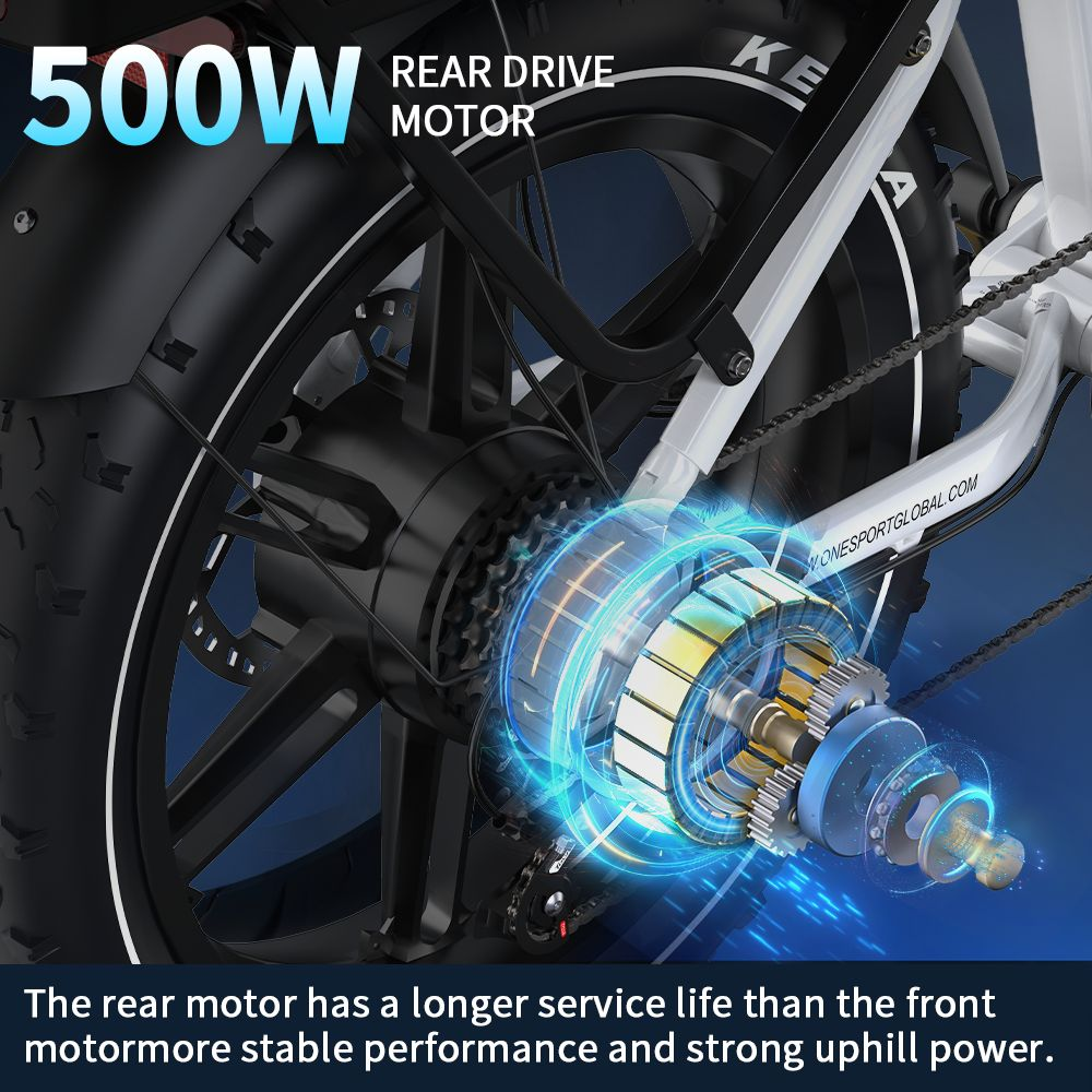 Motor de tracción trasera de 500W con engranajes visibles y efectos de luz azul.