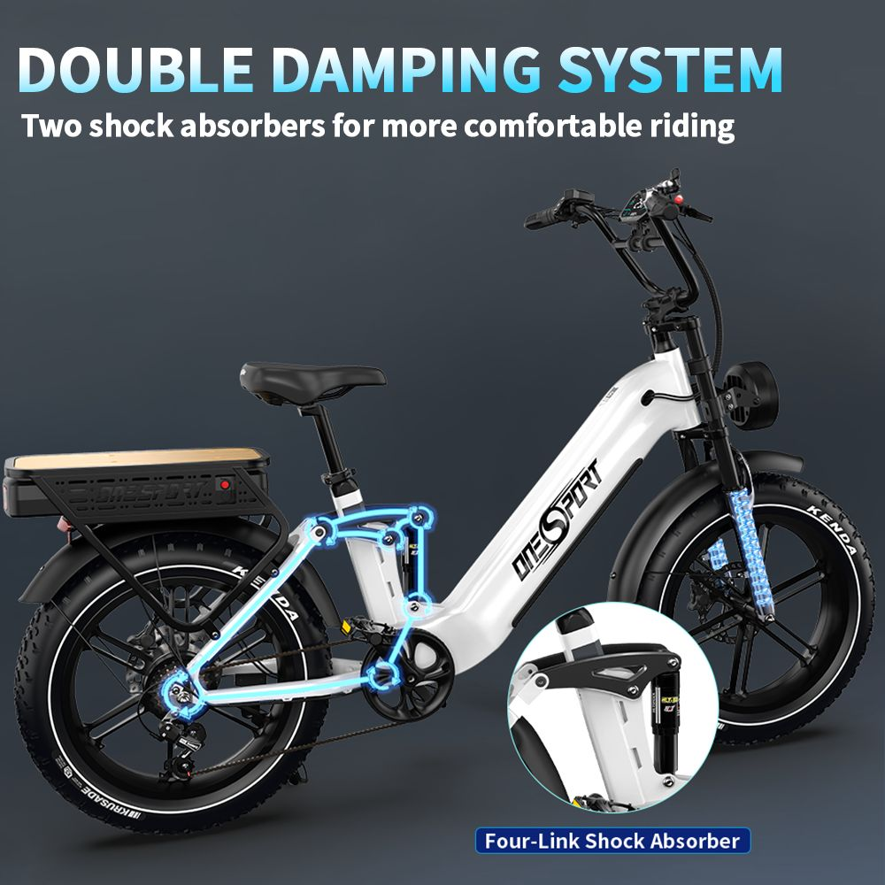 Bicicleta eléctrica blanca con sistema de doble amortiguación y portaequipajes trasero de madera.