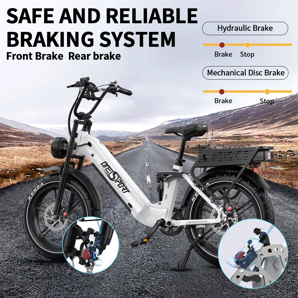 Una e-bike blanca con ruedas anchas en una carretera con montañas.