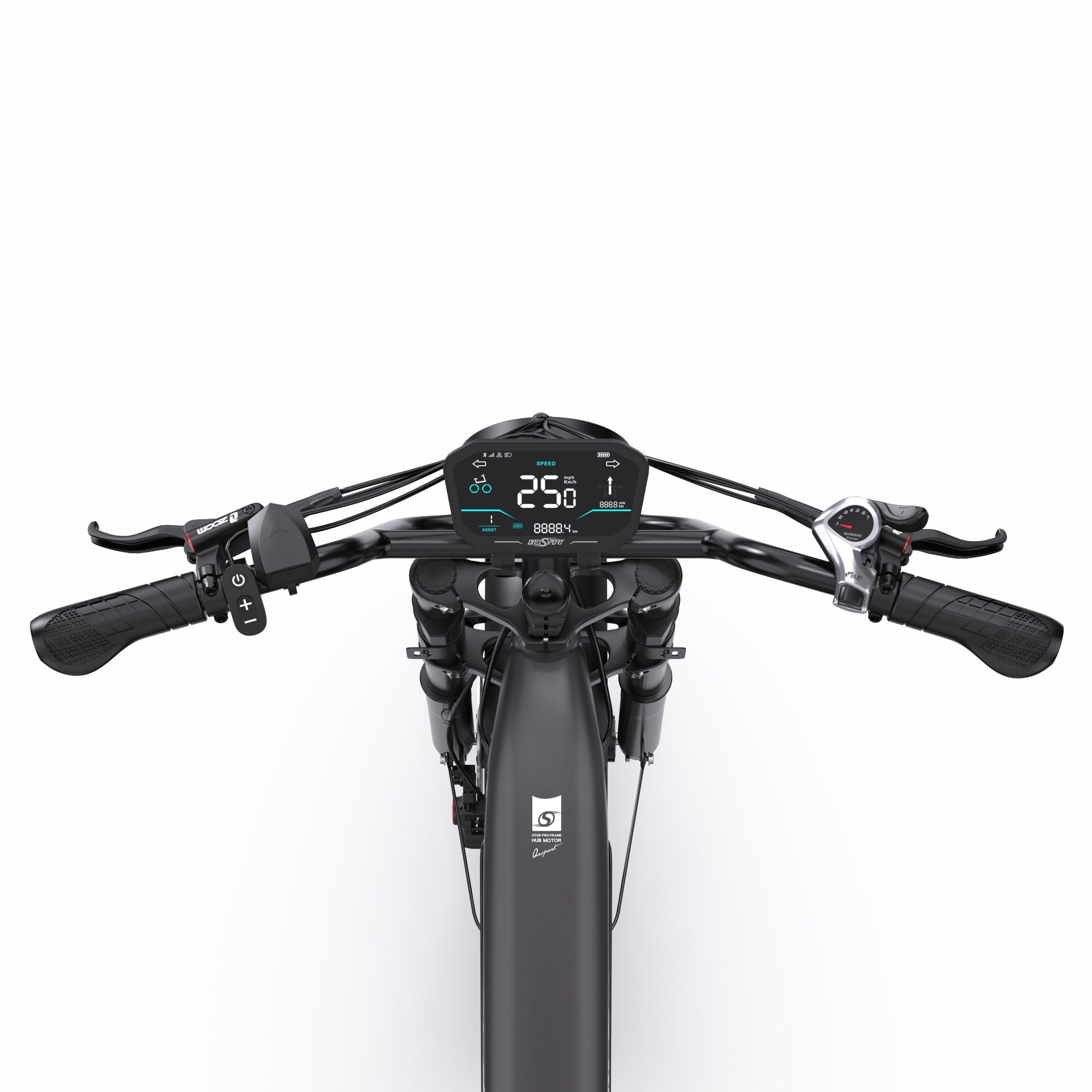 Pantalla de bicicleta eléctrica negra mostrando velocidad, autonomía y nivel de batería.