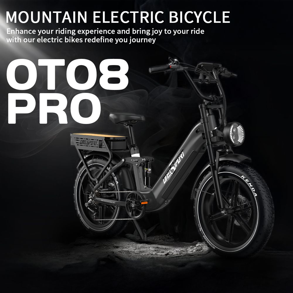 Bicicleta eléctrica negra OTO8 PRO con suspensión y portaequipajes sobre fondo oscuro.