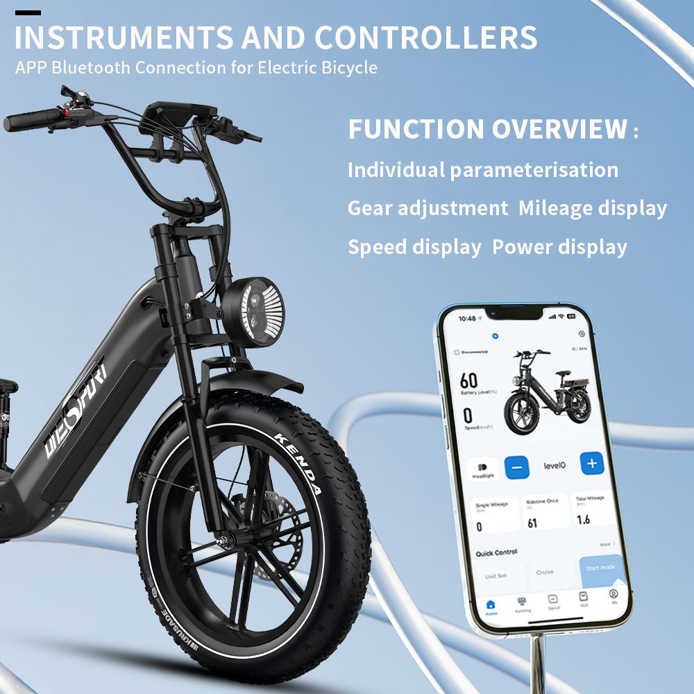 Una bicicleta eléctrica negra con un teléfono mostrando su app.